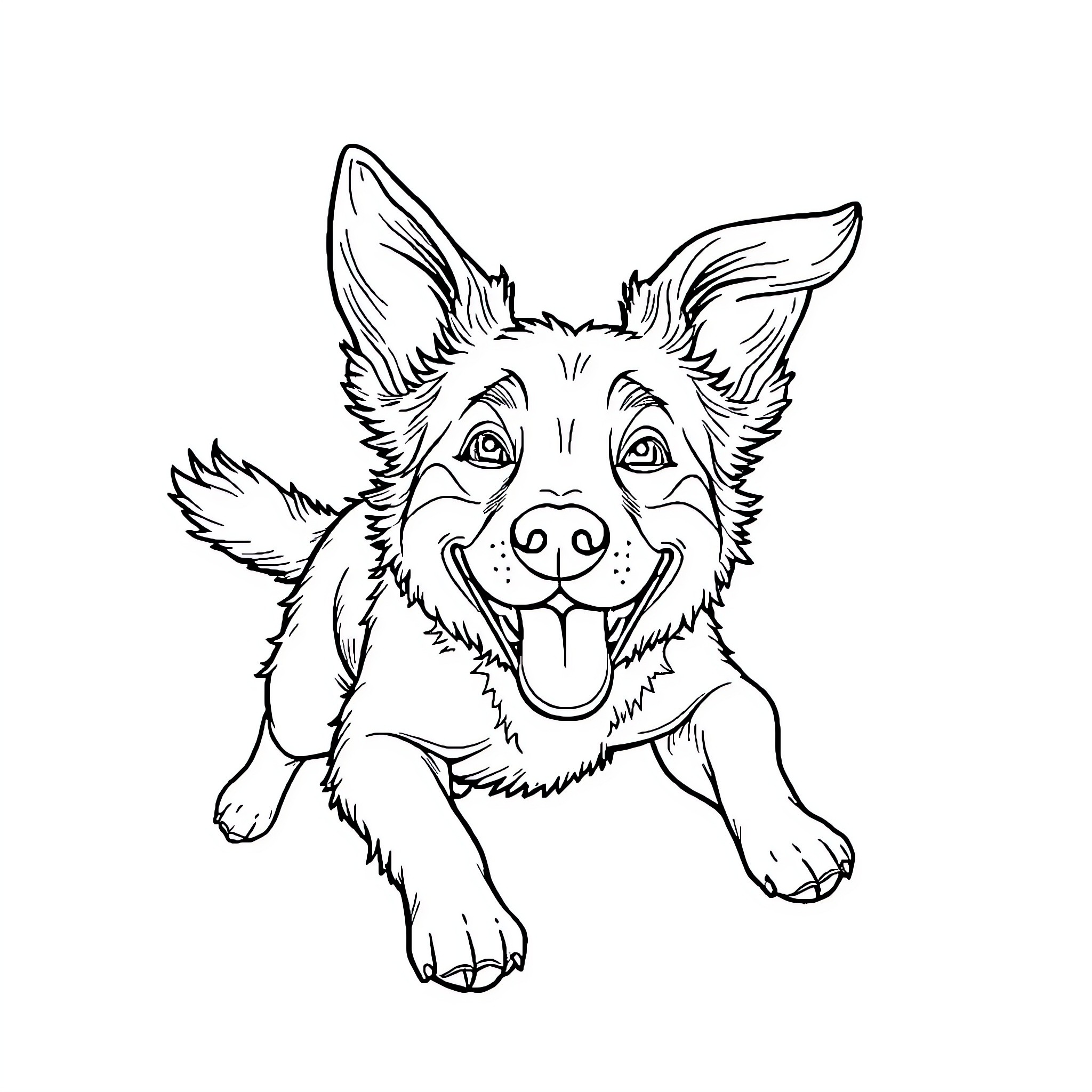 Flying Dog Happily Jumping and Playing Coloring Page (free black-and-white line drawing printable PDF for all, from beginners to advanced learners, including children, teens, adults, and seniors)