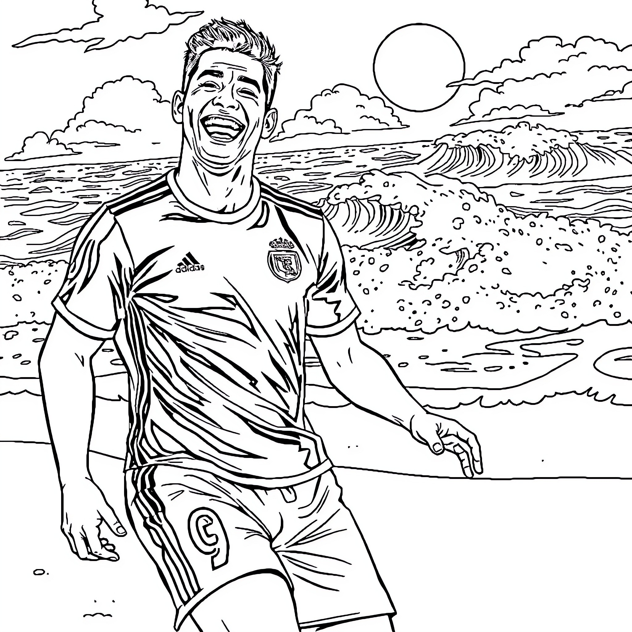 Ronaldo smiling on the beach Coloring Page (free black-and-white line drawing printable PDF for all, from beginners to advanced learners, including children, teens, adults, and seniors)
