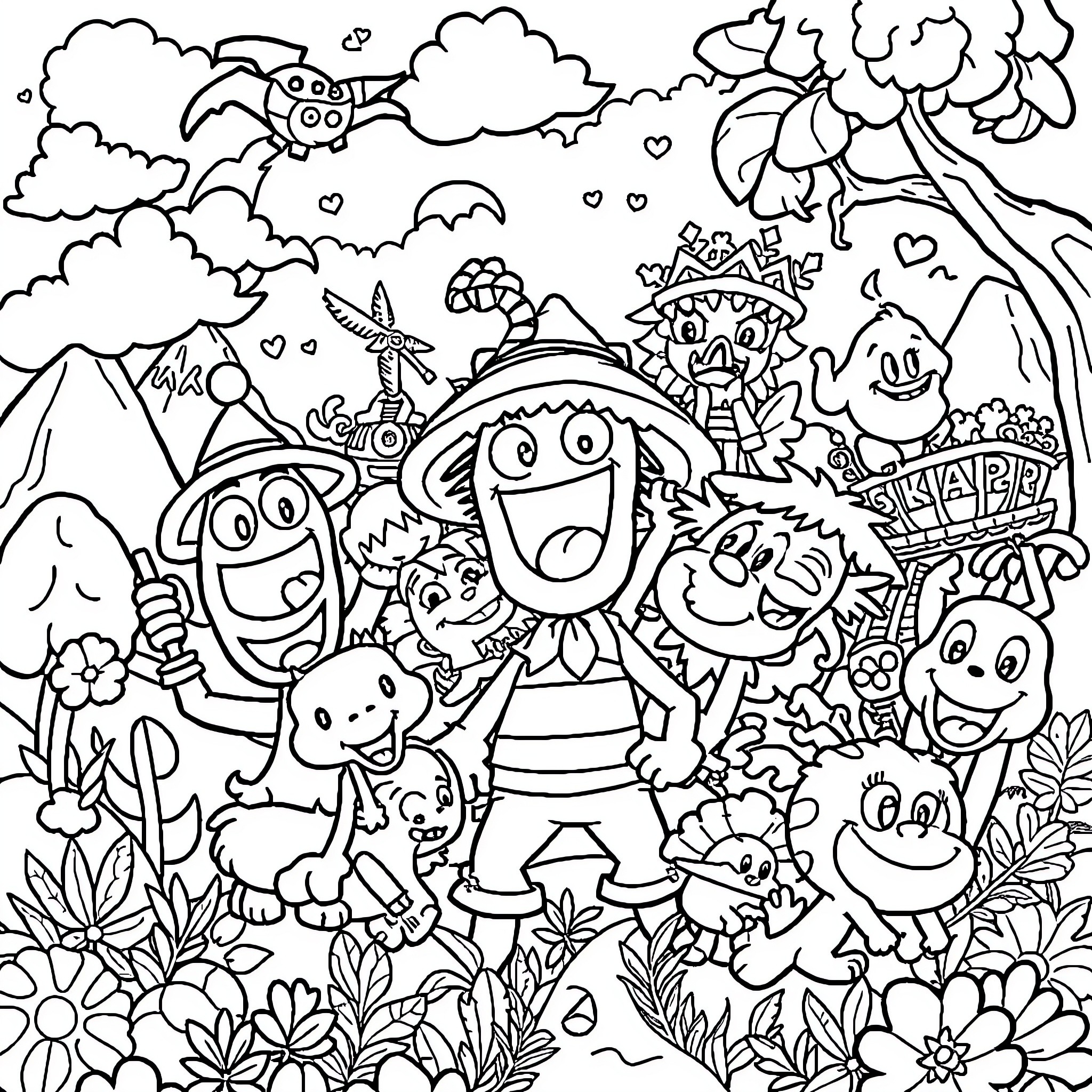Cartoon Characters Explore Whimsical Outdoor Scene Coloring Page (free black-and-white line drawing printable PDF for all, from beginners to advanced learners, including children, teens, adults, and seniors)