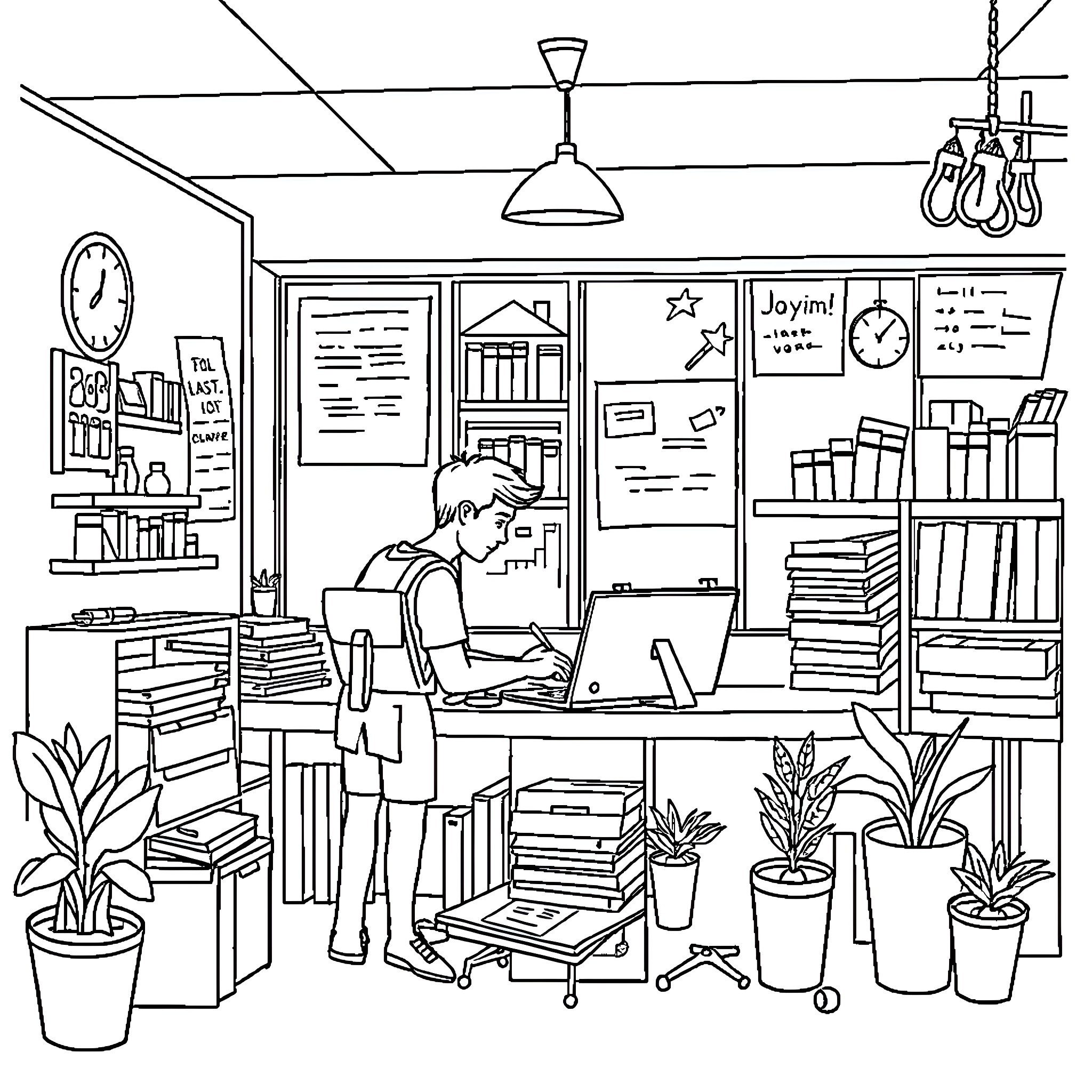 Business person working in office environment Coloring Page (free black-and-white line drawing printable PDF for all, from beginners to advanced learners, including children, teens, adults, and seniors)