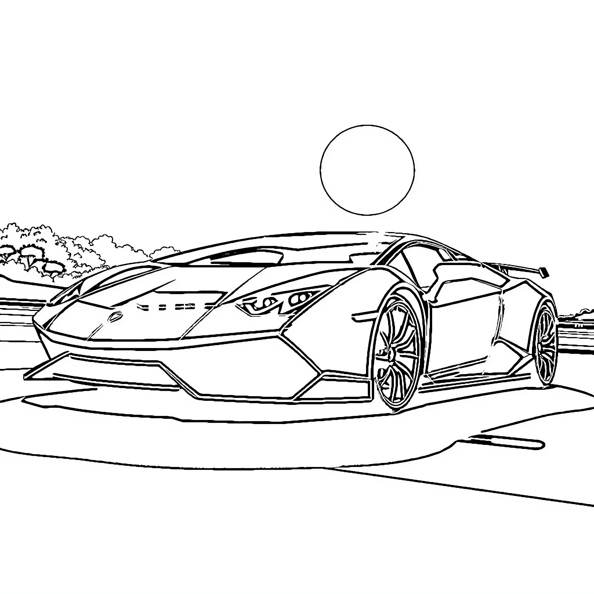 Lamborghini racing through the countryside Coloring Page (free black-and-white line drawing printable PDF for all, from beginners to advanced learners, including children, teens, adults, and seniors)