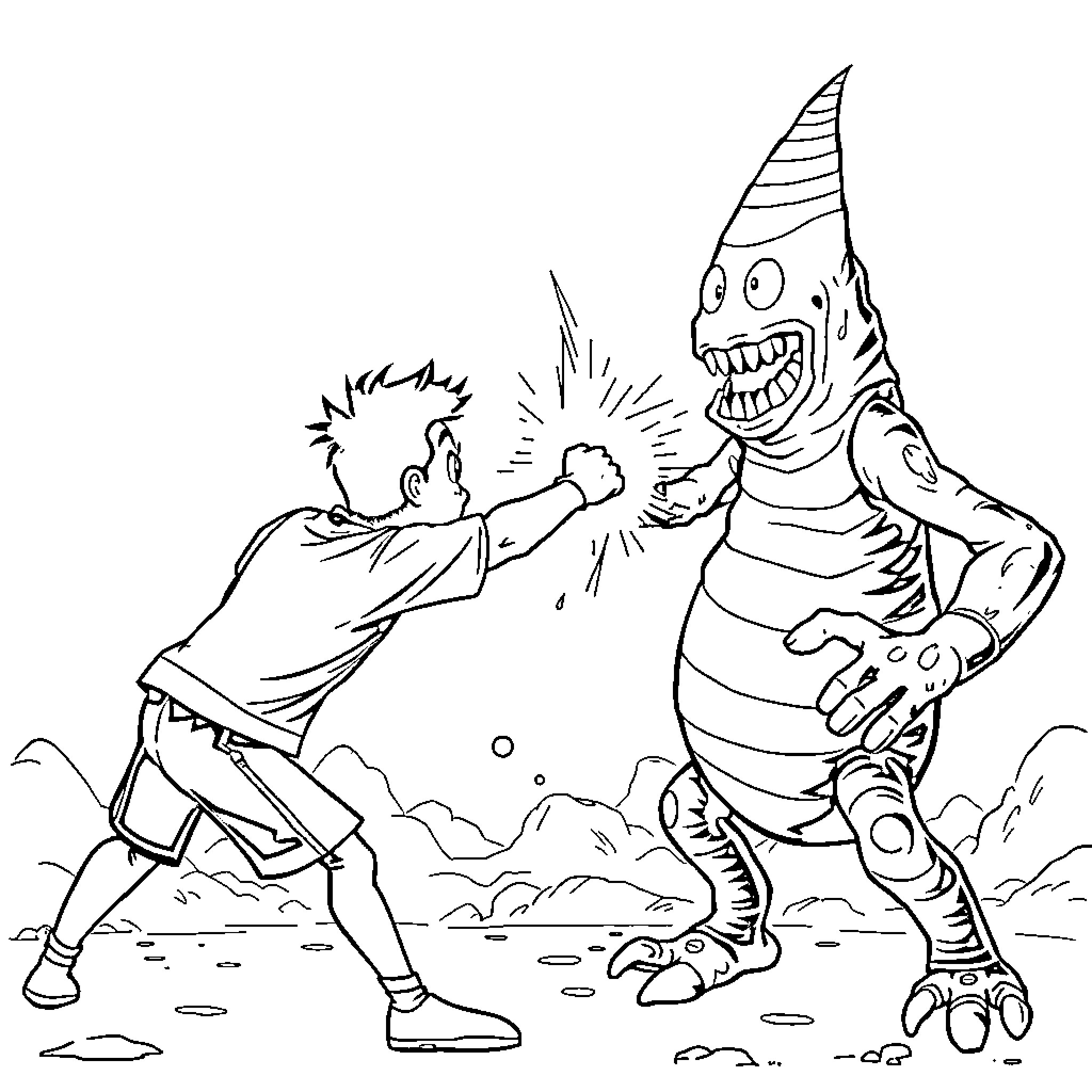 Johnny's Punch at the Carnival Monster Coloring Page (free black-and-white line drawing printable PDF for all, from beginners to advanced learners, including children, teens, adults, and seniors)