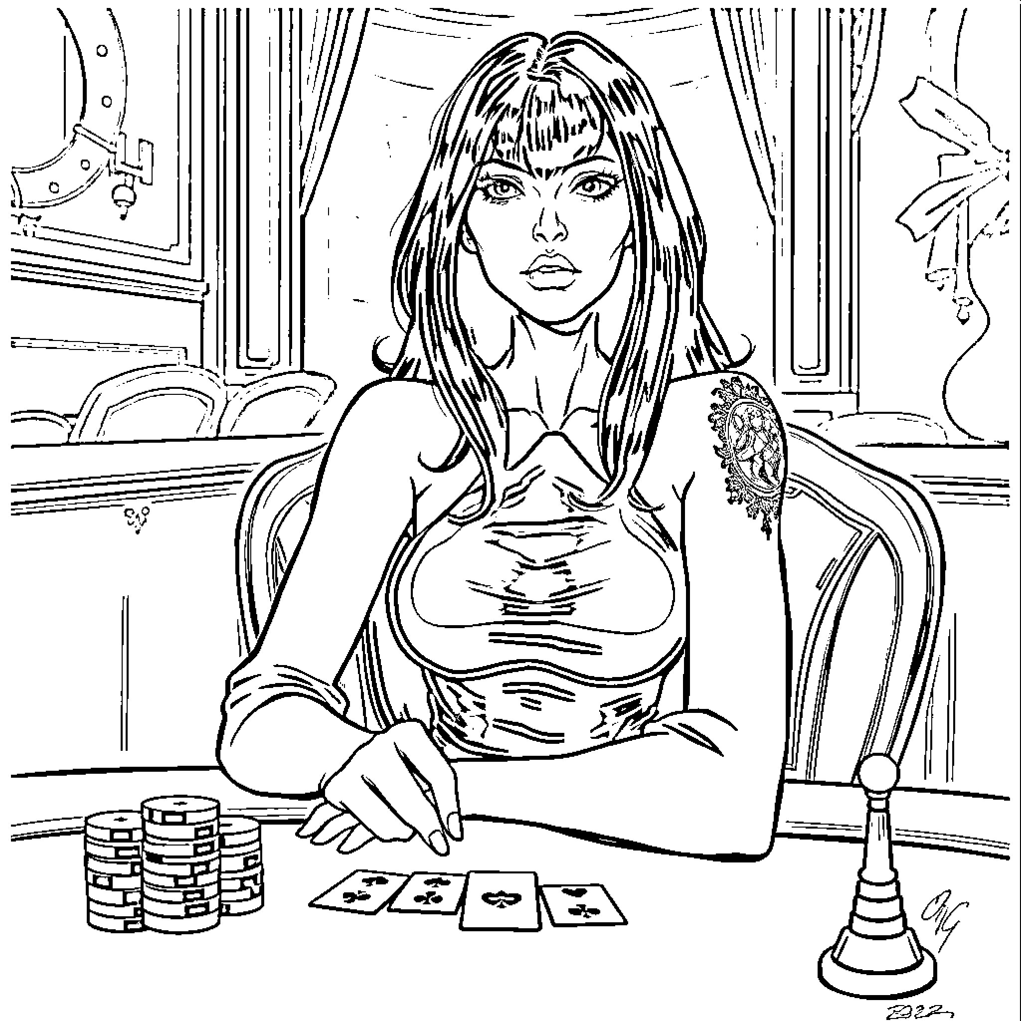 Nico Robin enjoying a game of cards Coloring Page (free black-and-white line drawing printable PDF for all, from beginners to advanced learners, including children, teens, adults, and seniors)