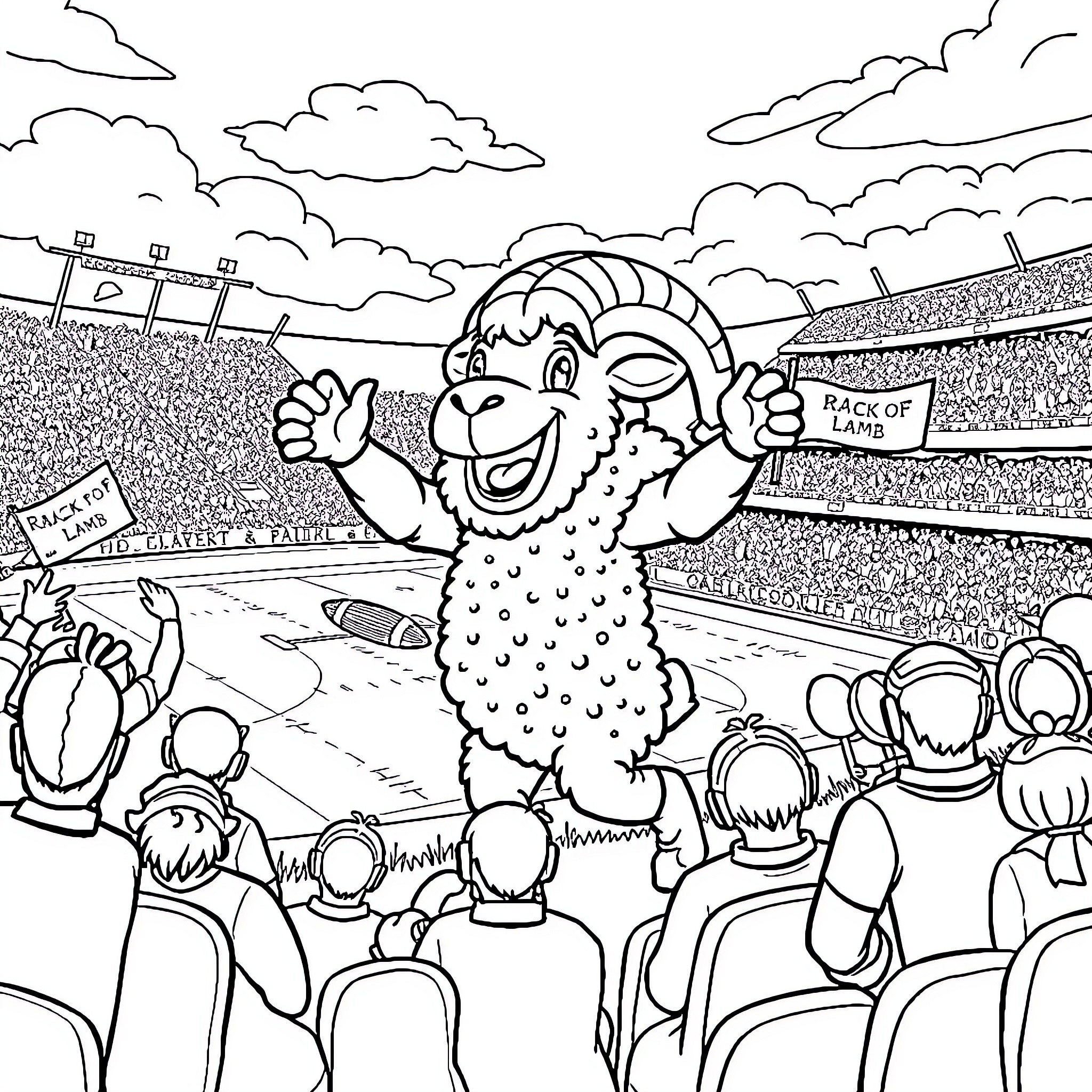 Lamb happily waving to the crowd at a stadium Coloring Page (free black-and-white line drawing printable PDF for all, from beginners to advanced learners, including children, teens, adults, and seniors)