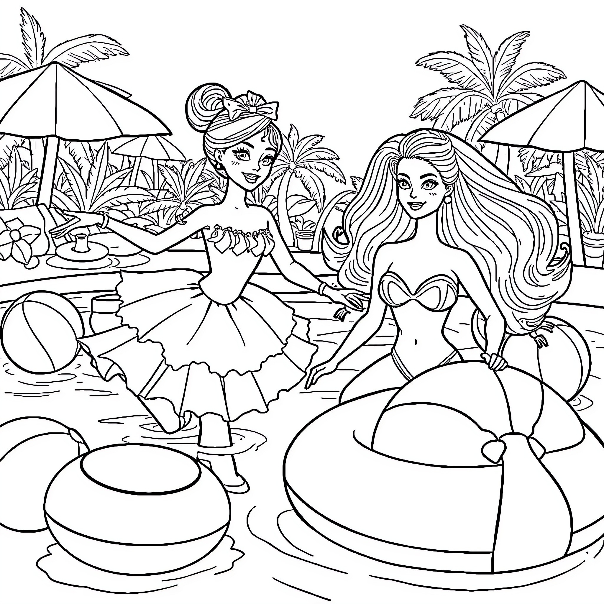 Ballerina dancers perform in tropical beach setting Coloring Page (free black-and-white line drawing printable PDF for all, from beginners to advanced learners, including children, teens, adults, and seniors)