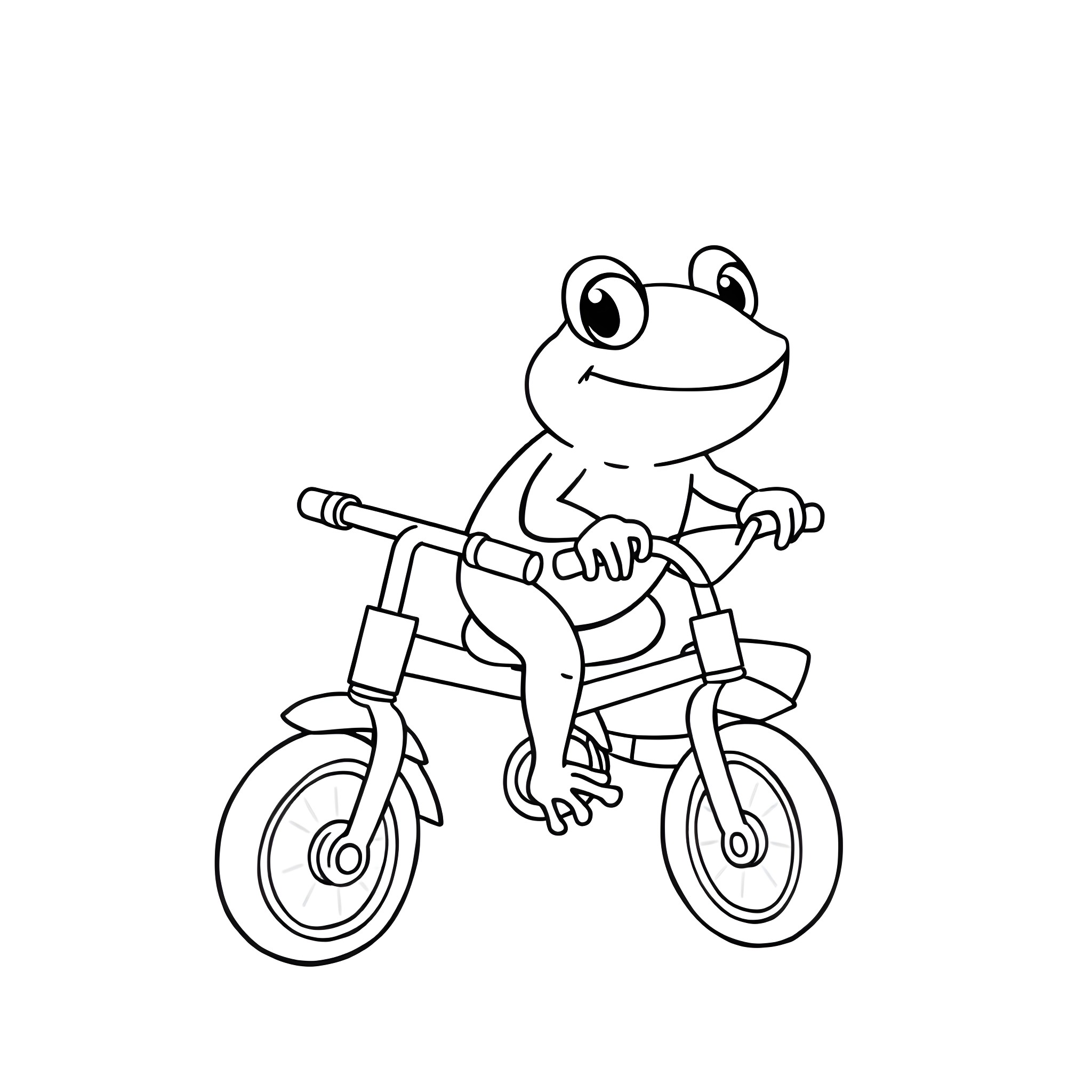 Frog riding a bicycle happily Coloring Page (free black-and-white line drawing printable PDF for all, from beginners to advanced learners, including children, teens, adults, and seniors)