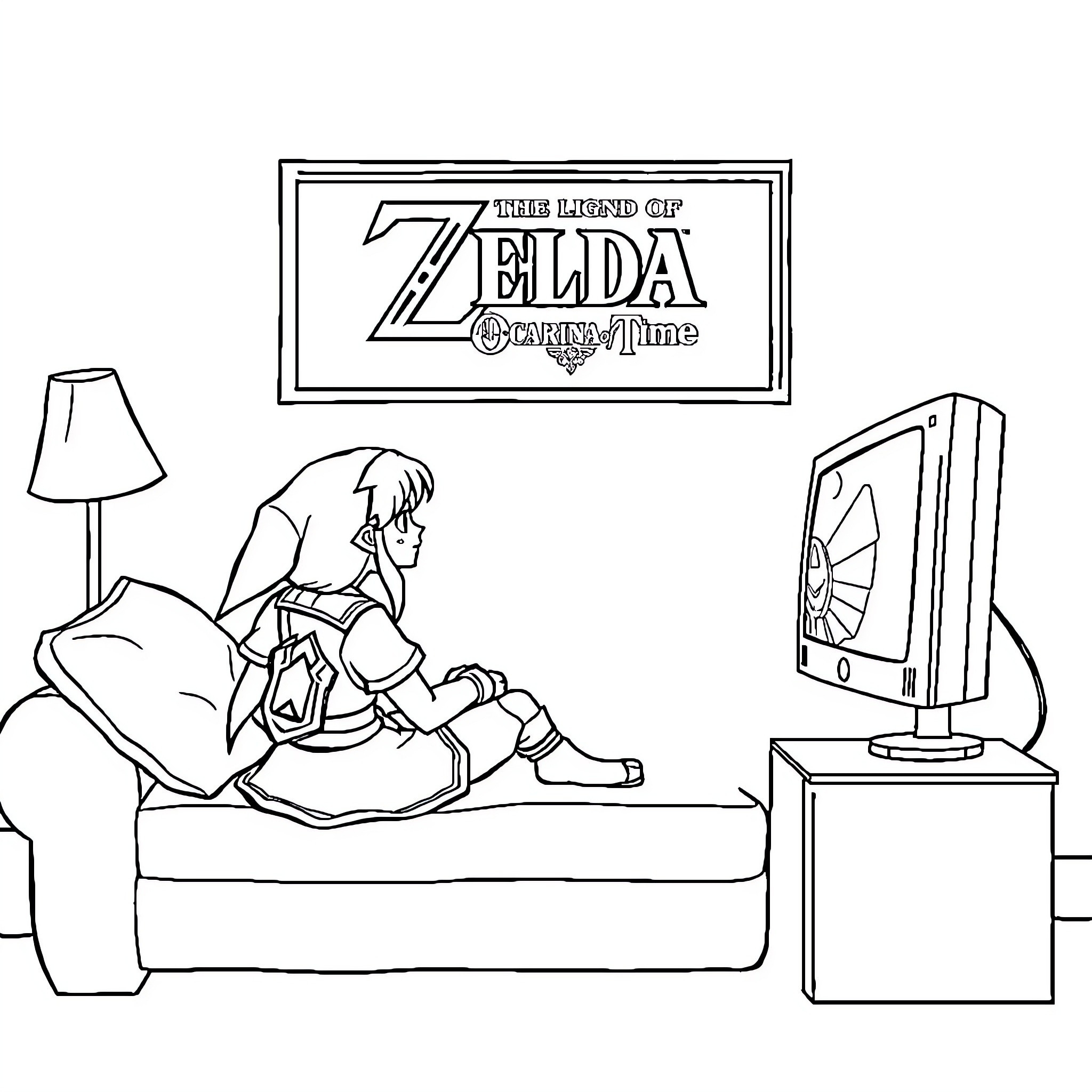 Zelda gaming on the couch Coloring Page (free black-and-white line drawing printable PDF for all, from beginners to advanced learners, including children, teens, adults, and seniors)