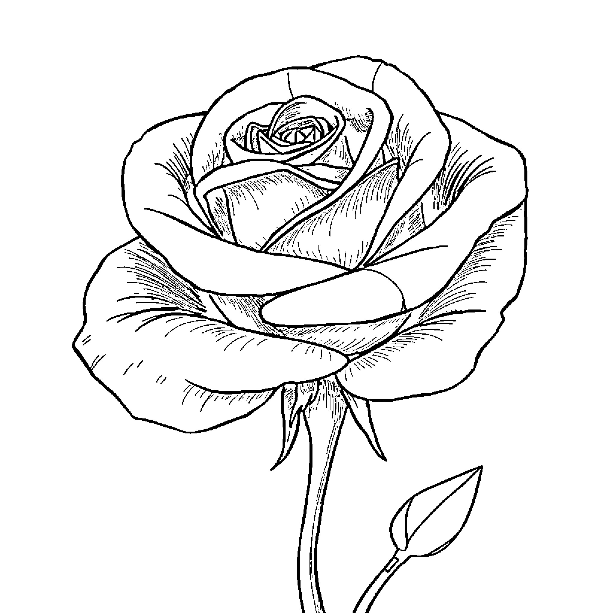 Rose in detailed black and white drawing Coloring Page (free black-and-white line drawing printable PDF for all, from beginners to advanced learners, including children, teens, adults, and seniors)