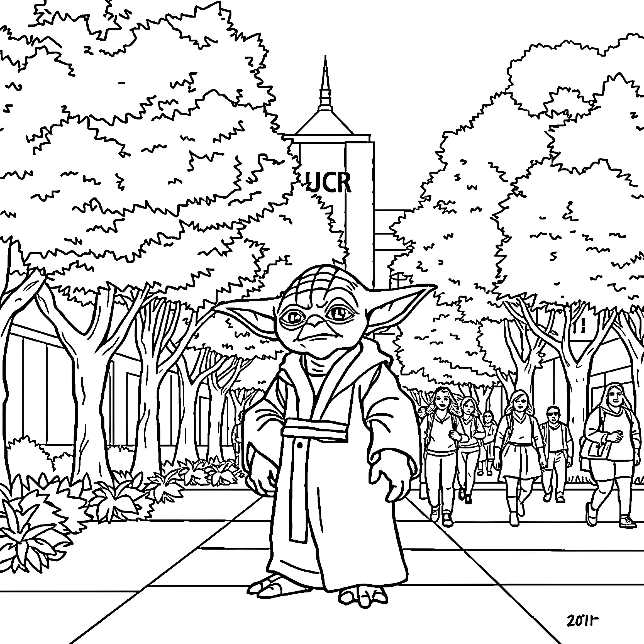 Yoda walking on a busy city street Coloring Page (free black-and-white line drawing printable PDF for all, from beginners to advanced learners, including children, teens, adults, and seniors)