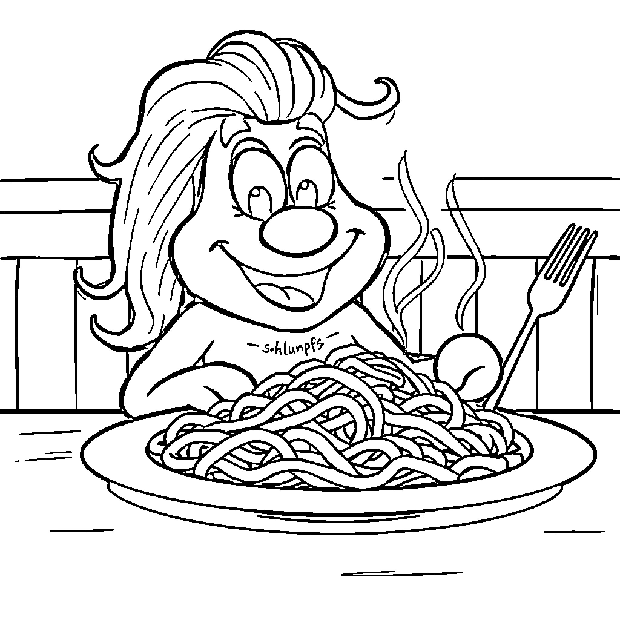 Smurf enjoying a hearty plate of pasta Coloring Page (free black-and-white line drawing printable PDF for all, from beginners to advanced learners, including children, teens, adults, and seniors)