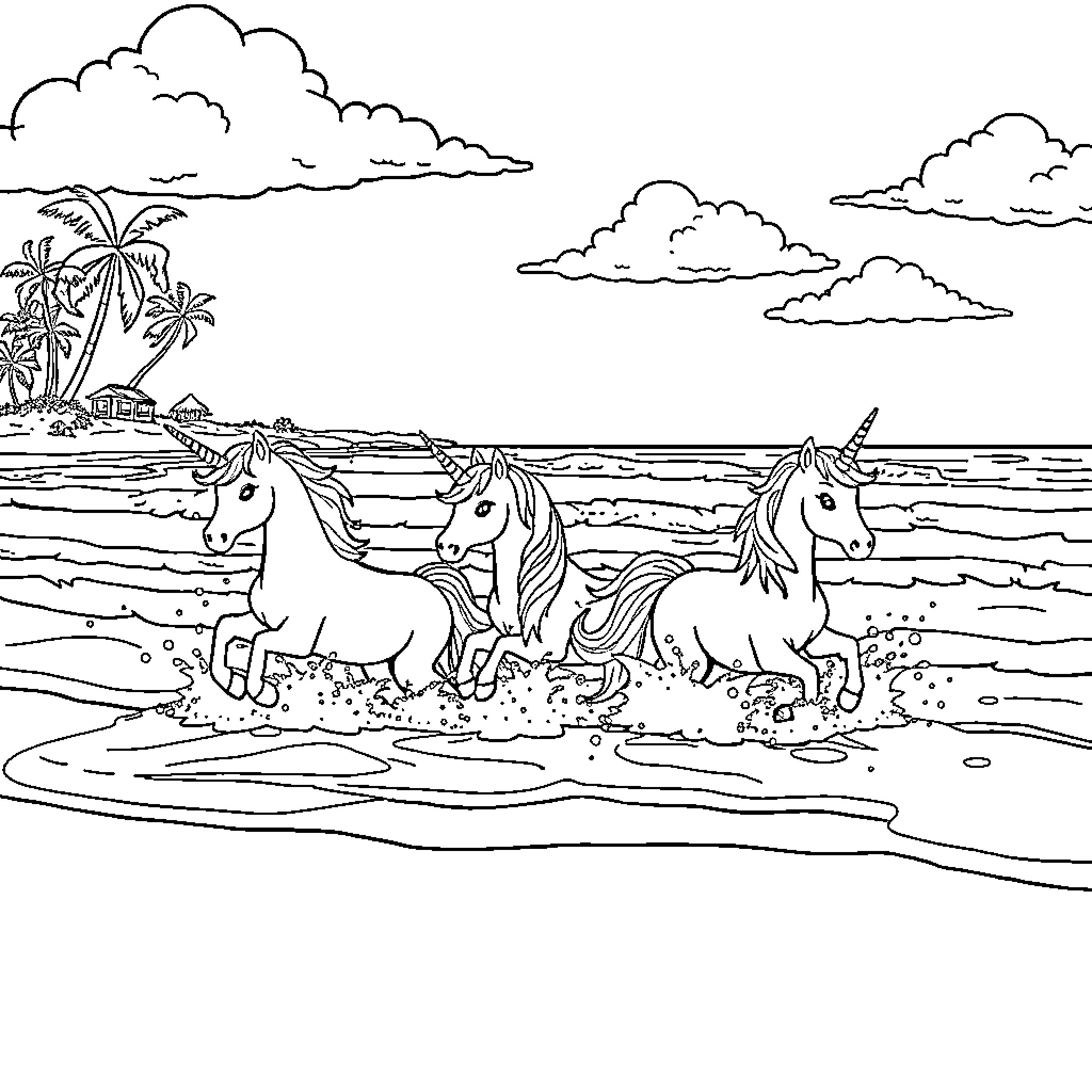 Unicorn trio frolicking in tropical beach scene Coloring Page (free black-and-white line drawing printable PDF for all, from beginners to advanced learners, including children, teens, adults, and seniors)