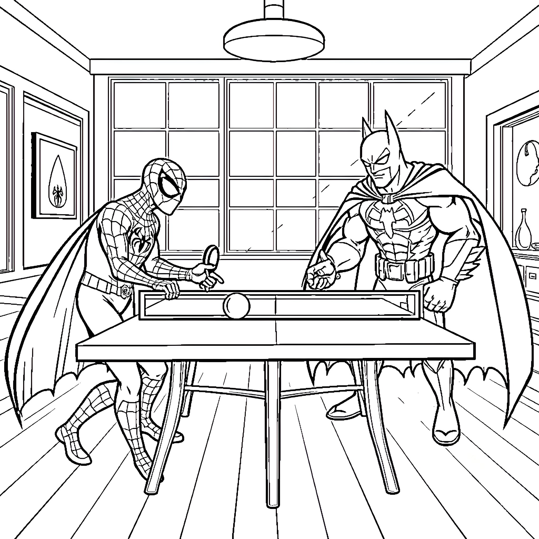 Spiderman and Batman play a friendly game Coloring Page (free black-and-white line drawing printable PDF for all, from beginners to advanced learners, including children, teens, adults, and seniors)