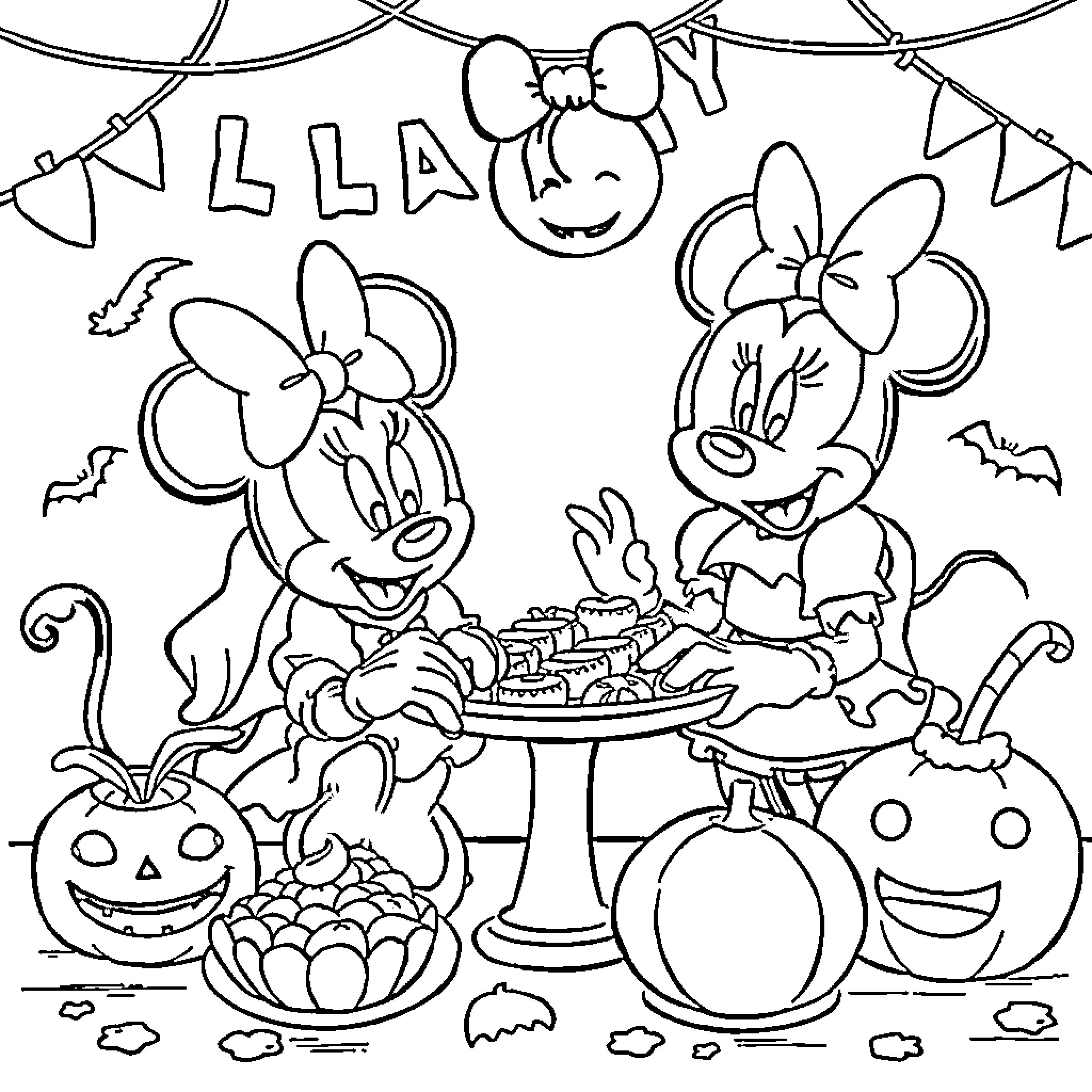 Minnie Mouse and Friends Enjoy Halloween Treats and Decorations Coloring Page (free black-and-white line drawing printable PDF for all, from beginners to advanced learners, including children, teens, adults, and seniors)