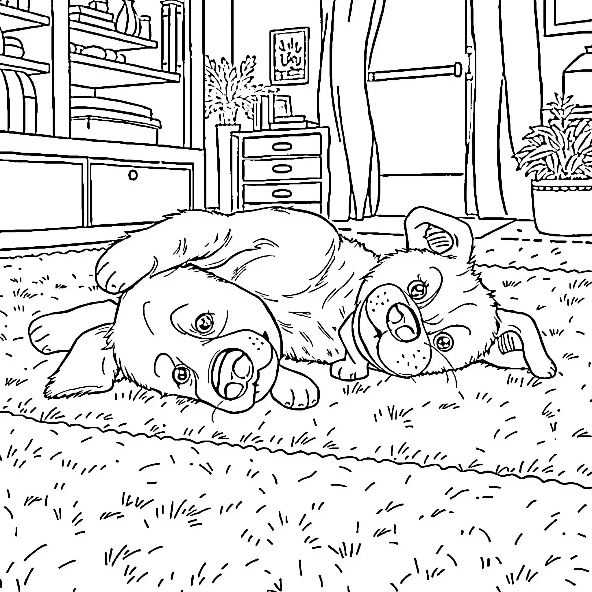 Dog relaxing peacefully in cozy home setting Coloring Page (free black-and-white line drawing printable PDF for all, from beginners to advanced learners, including children, teens, adults, and seniors)