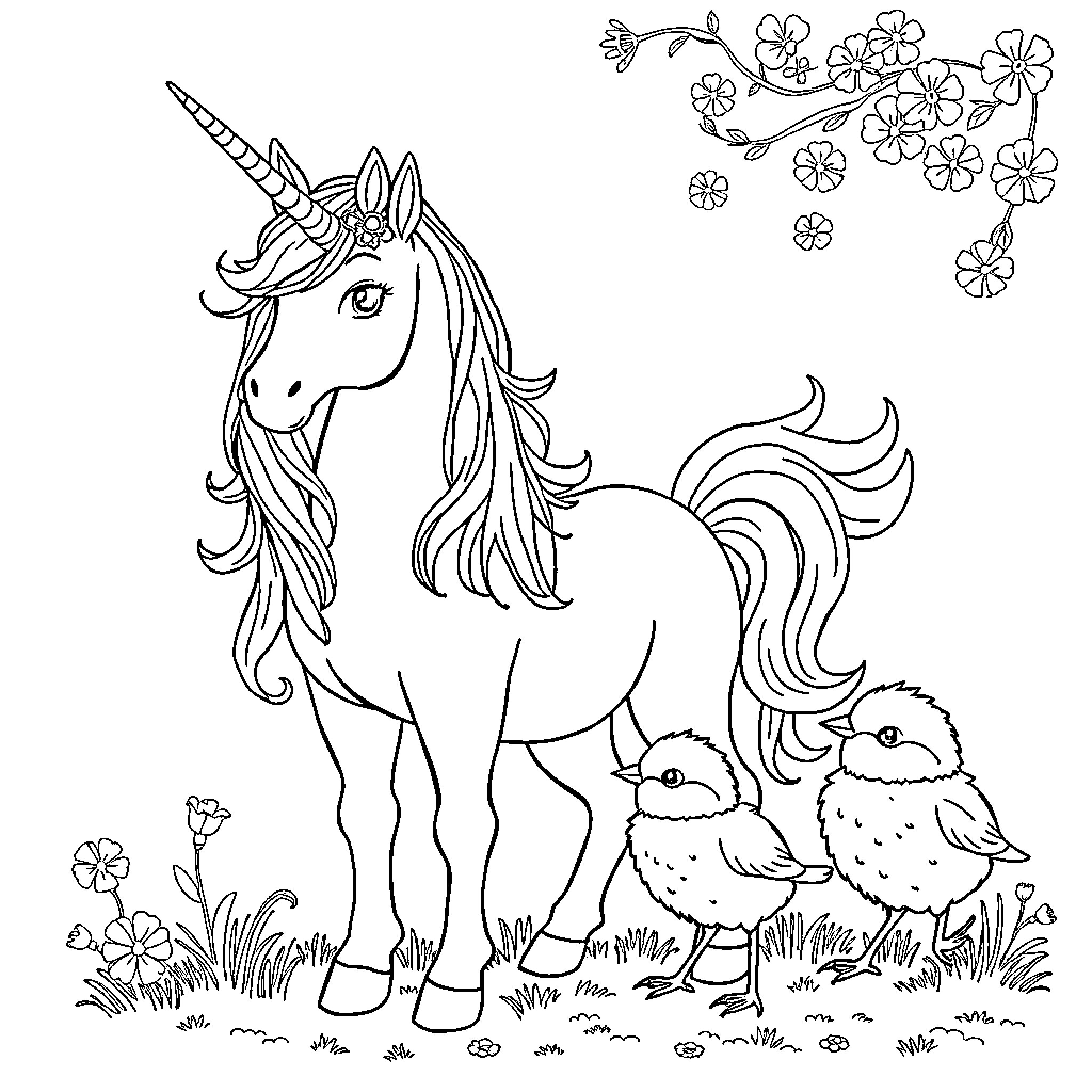 Unicorn and baby animals playing in garden Coloring Page (free black-and-white line drawing printable PDF for all, from beginners to advanced learners, including children, teens, adults, and seniors)