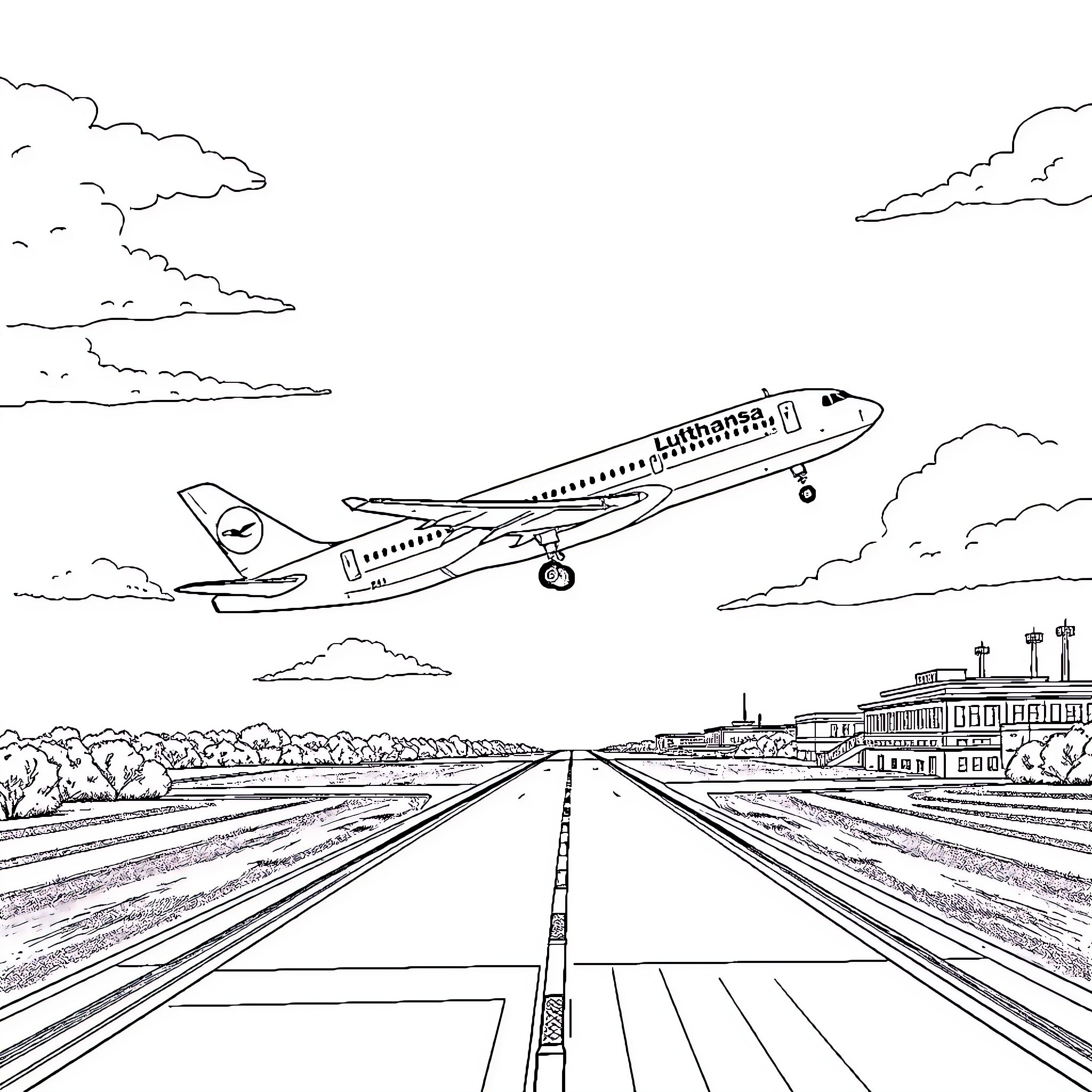 MD11 Passenger Jet Ascending from Airport Runway Coloring Page (free black-and-white line drawing printable PDF for all, from beginners to advanced learners, including children, teens, adults, and seniors)