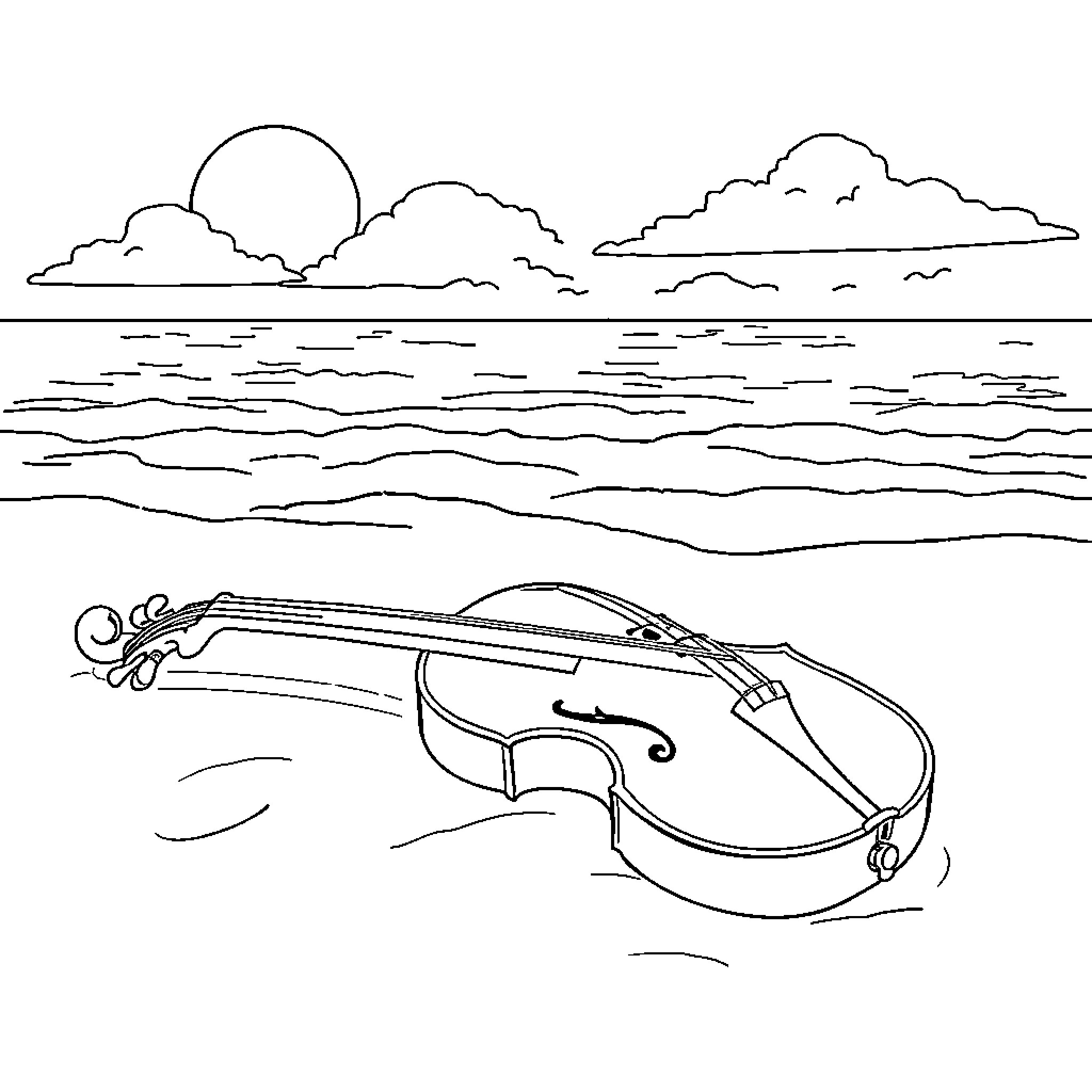 Violin floating on peaceful waters Coloring Page (free black-and-white line drawing printable PDF for all, from beginners to advanced learners, including children, teens, adults, and seniors)