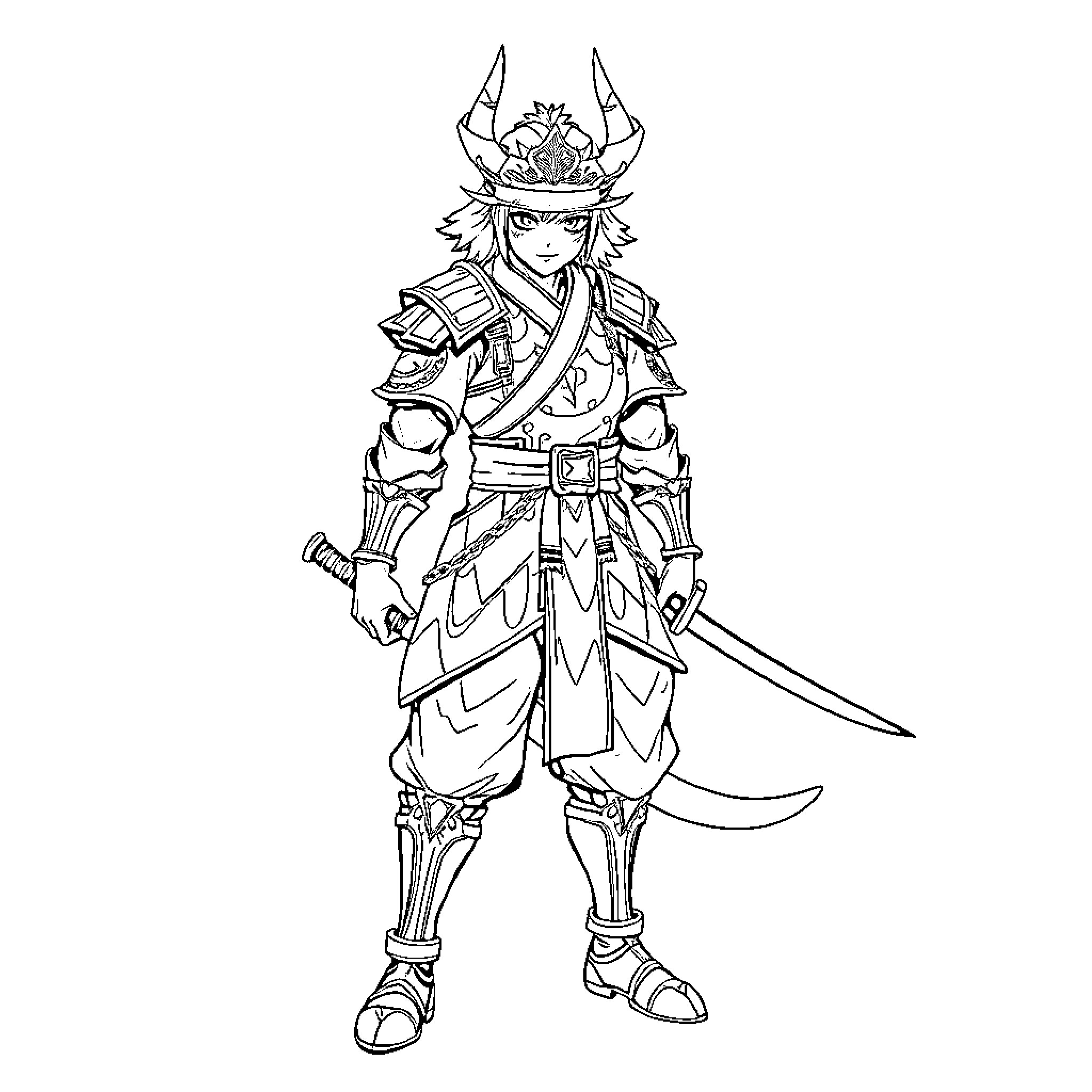 Demon Slayer in Armored Warrior Outfit Coloring Page (free black-and-white line drawing printable PDF for all, from beginners to advanced learners, including children, teens, adults, and seniors)