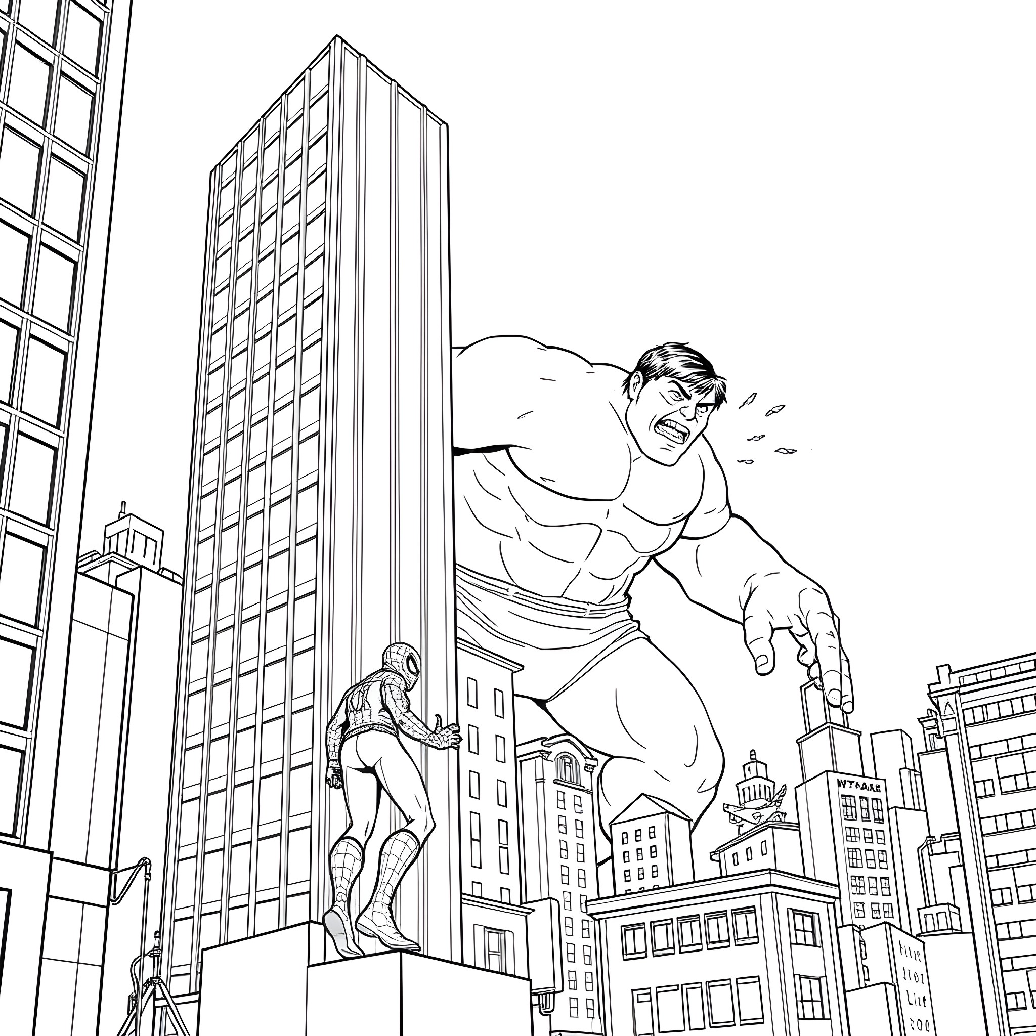 Spiderman swinging through the city skyscrapers Coloring Page (free black-and-white line drawing printable PDF for all, from beginners to advanced learners, including children, teens, adults, and seniors)