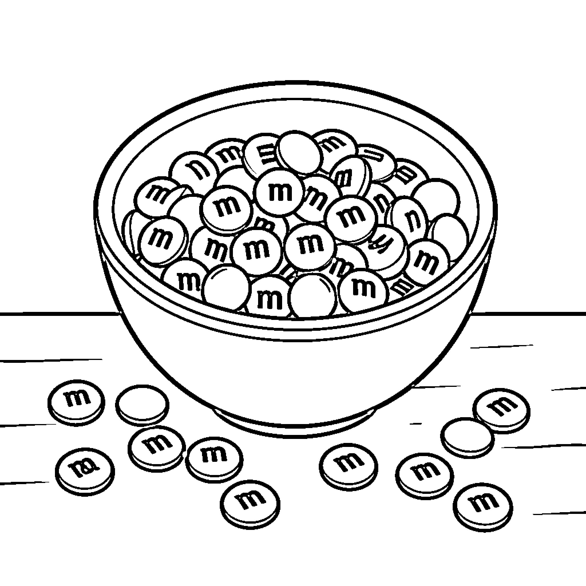 M&Ms spilling out of a large bowl Coloring Page (free black-and-white line drawing printable PDF for all, from beginners to advanced learners, including children, teens, adults, and seniors)