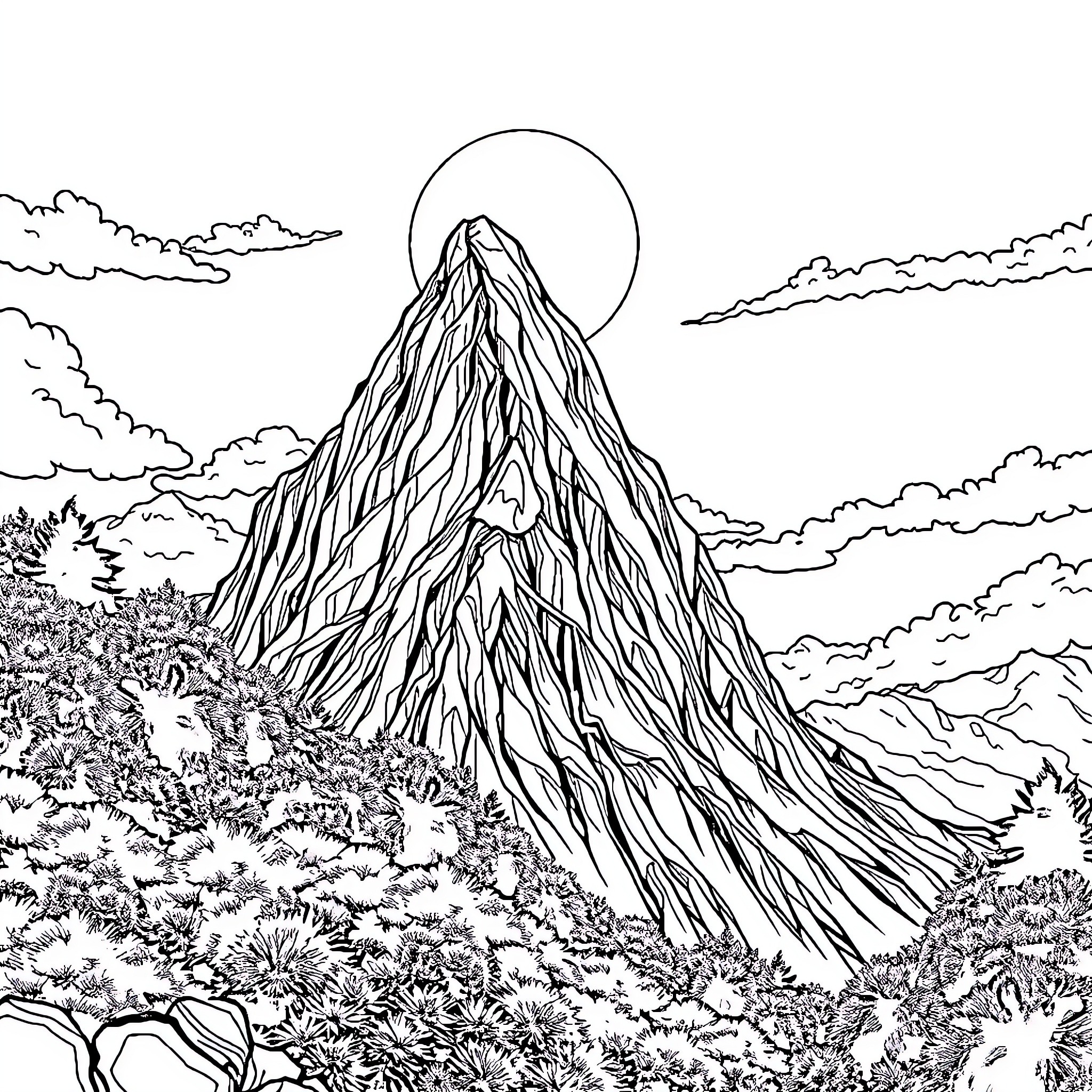 Mountain landscape with striking peaks and clouds Coloring Page (free black-and-white line drawing printable PDF for all, from beginners to advanced learners, including children, teens, adults, and seniors)