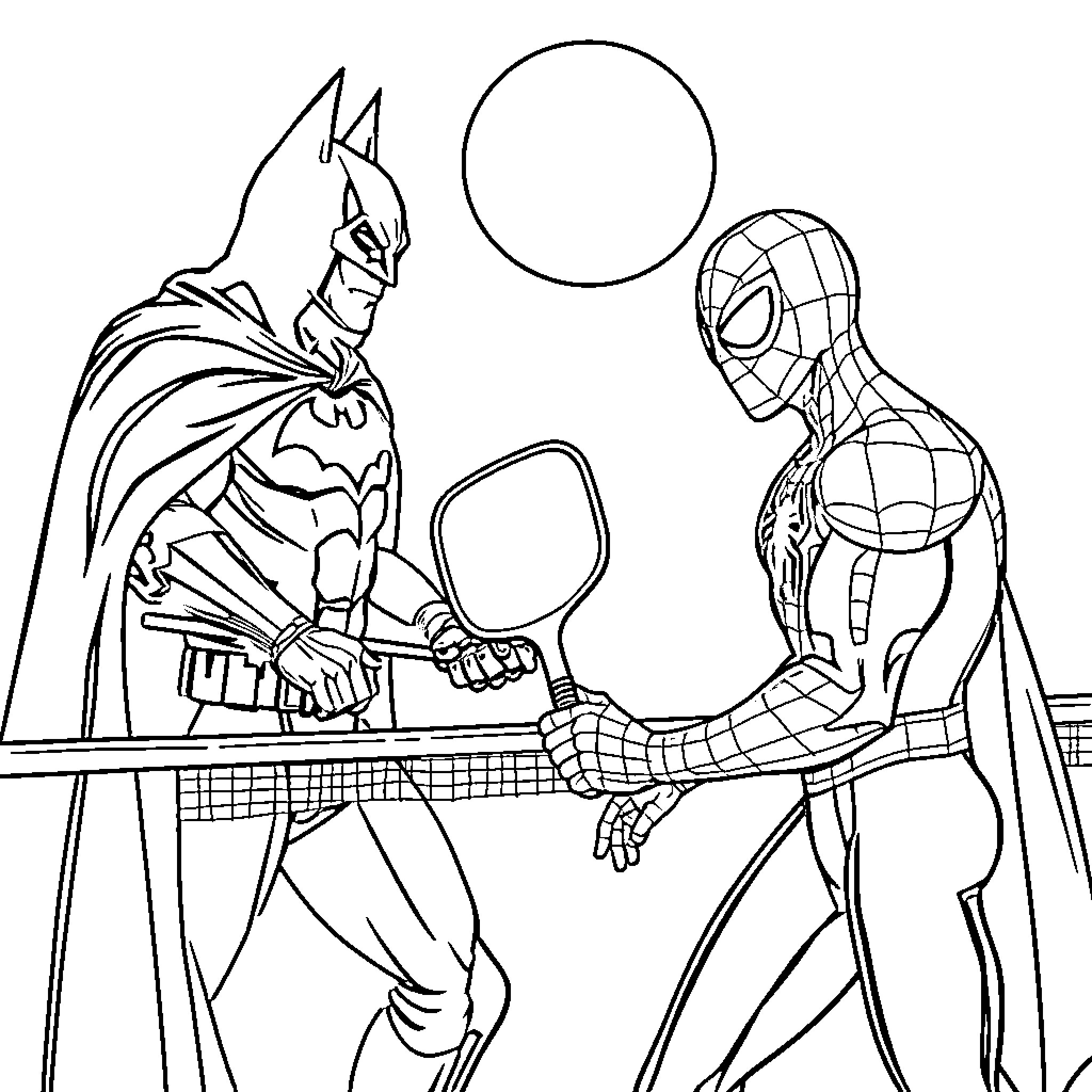 Spiderman and Batman in an intense battle Coloring Page (free black-and-white line drawing printable PDF for all, from beginners to advanced learners, including children, teens, adults, and seniors)