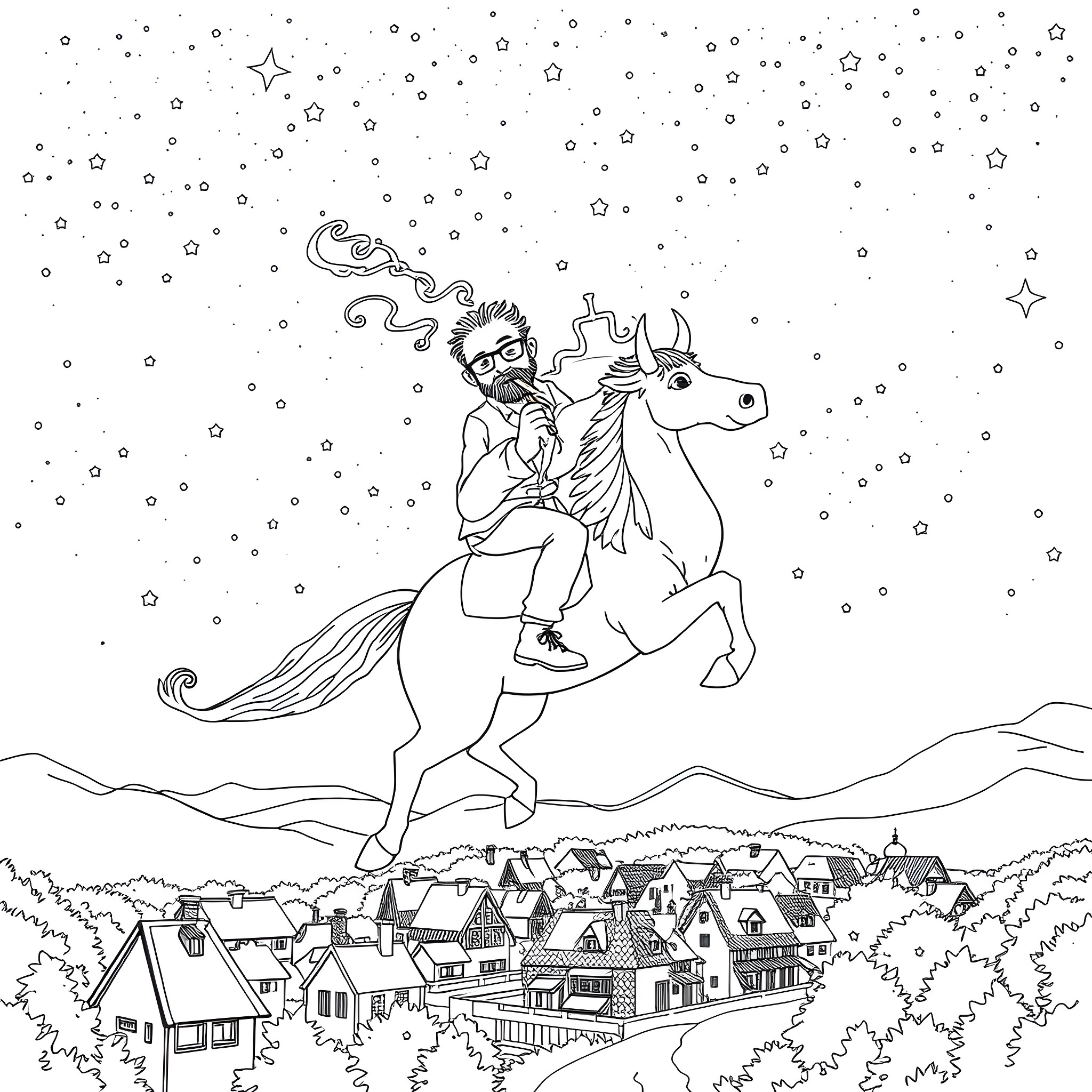 Bokkerijder riding a majestic unicorn under the starry night sky Coloring Page (free black-and-white line drawing printable PDF for all, from beginners to advanced learners, including children, teens, adults, and seniors)