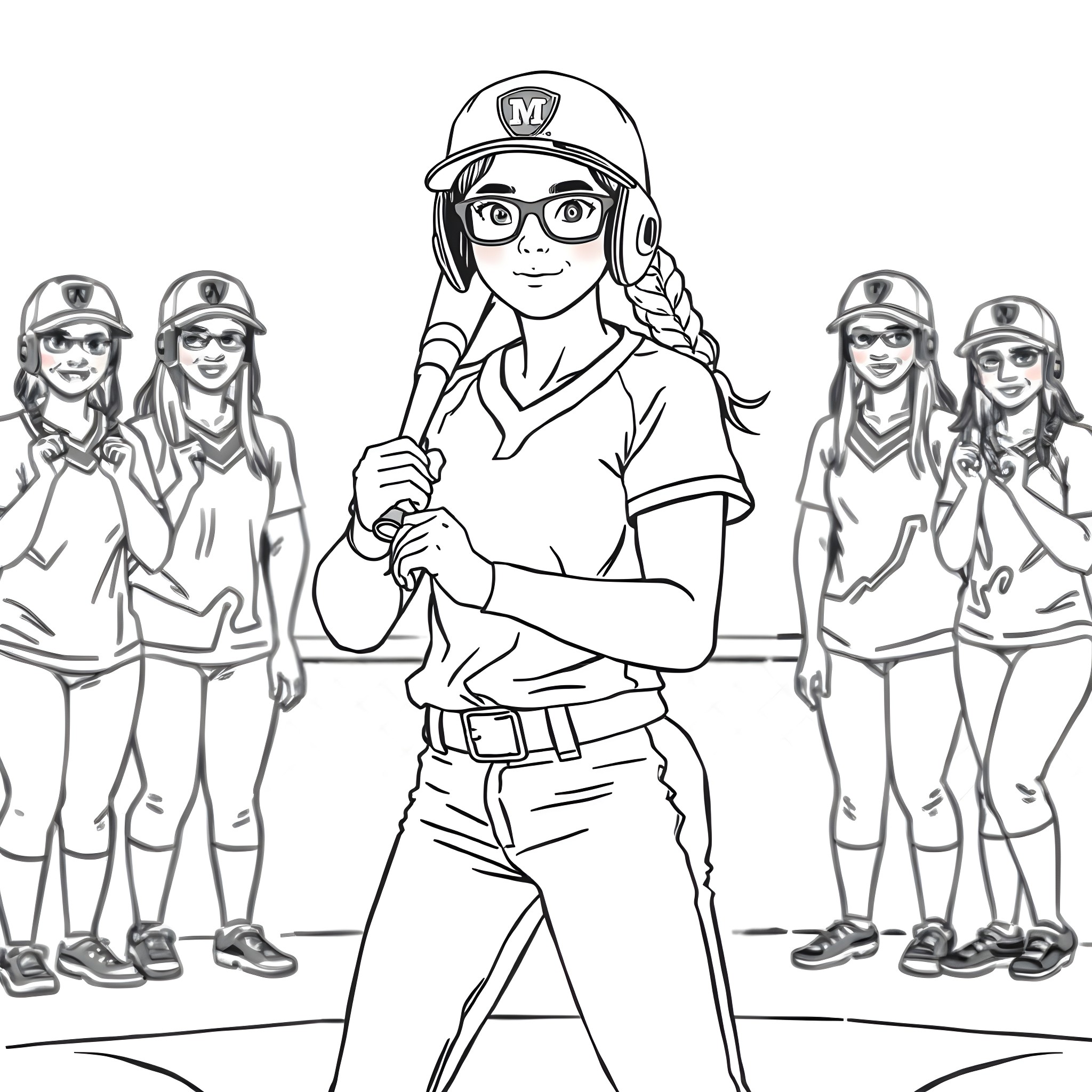 Softball Player Preparing for the Game Coloring Page (free black-and-white line drawing printable PDF for all, from beginners to advanced learners, including children, teens, adults, and seniors)