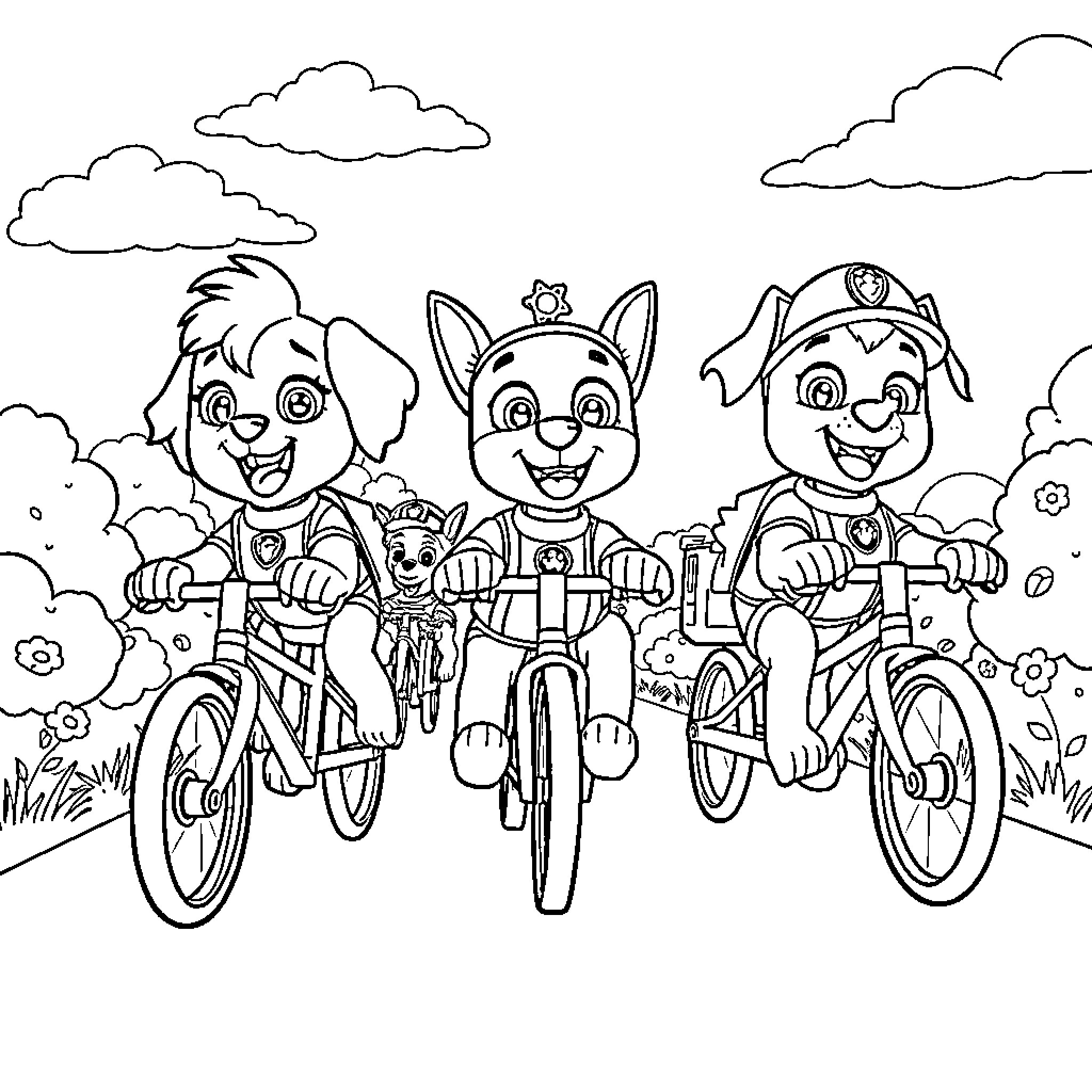 Paw Patrol riding bicycles in the park Coloring Page (free black-and-white line drawing printable PDF for all, from beginners to advanced learners, including children, teens, adults, and seniors)