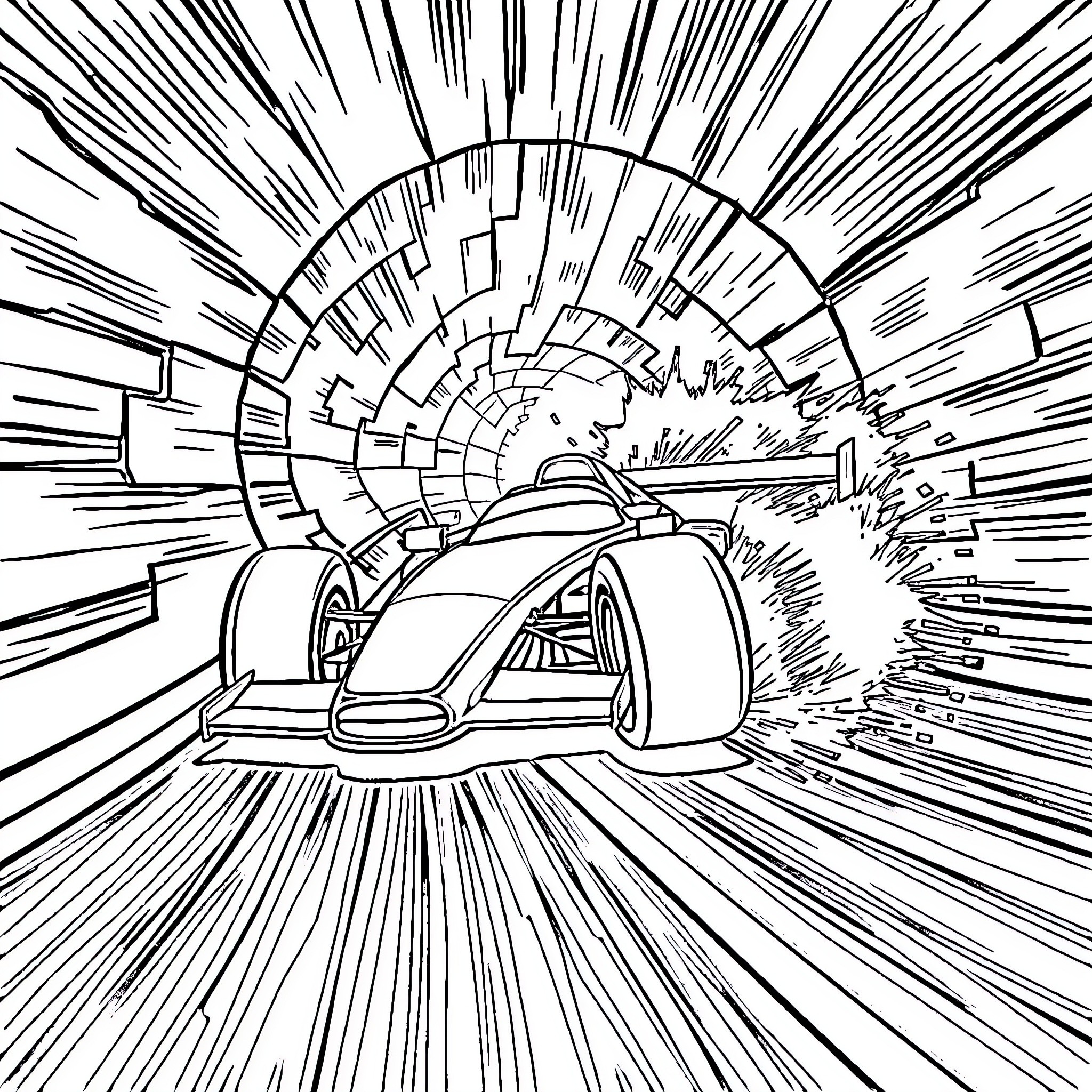 Racecar speeding through cosmic tunnel Coloring Page (free black-and-white line drawing printable PDF for all, from beginners to advanced learners, including children, teens, adults, and seniors)