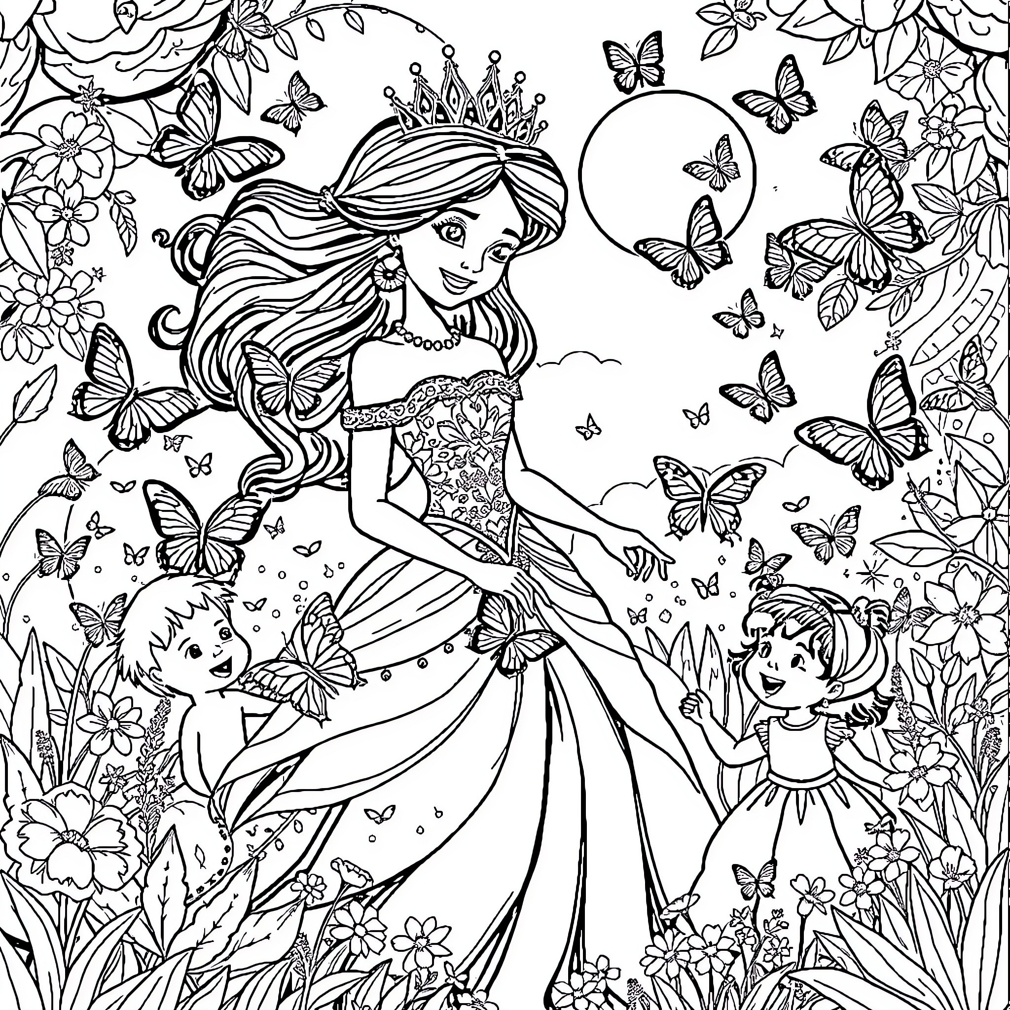 Princess in Floral Wonderland with Butterflies Coloring Page (free black-and-white line drawing printable PDF for all, from beginners to advanced learners, including children, teens, adults, and seniors)