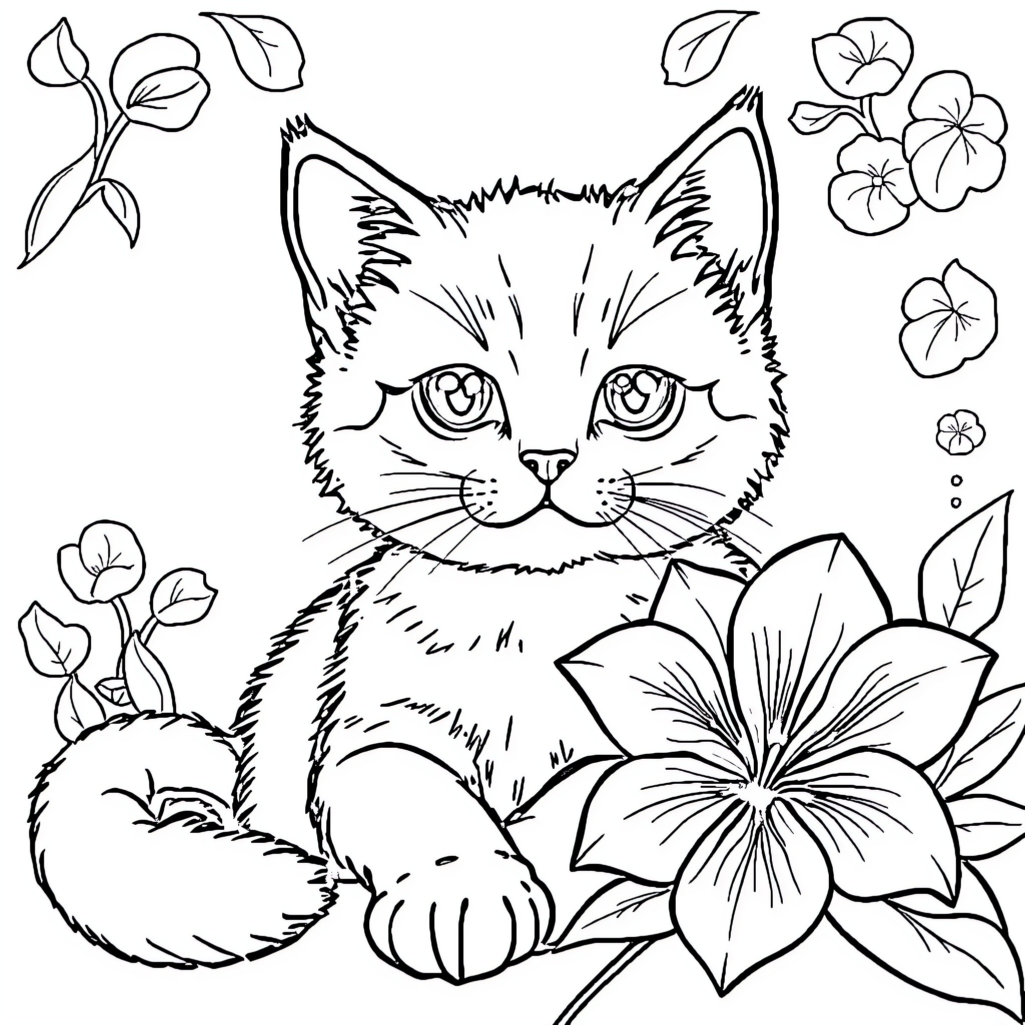 Cat surrounded by flowers Coloring Page (free black-and-white line drawing printable PDF for all, from beginners to advanced learners, including children, teens, adults, and seniors)