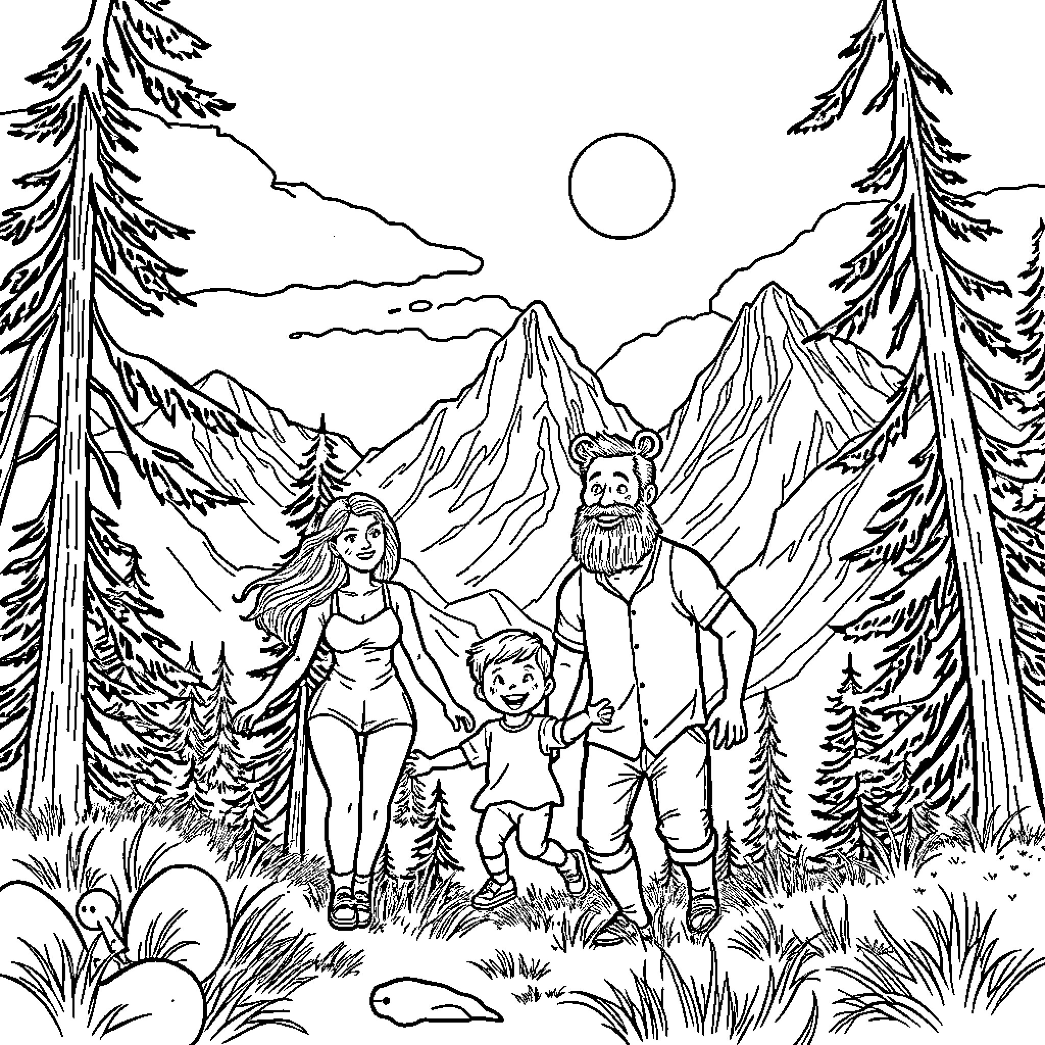Family Hiking in the Scenic Mountains Coloring Page (free black-and-white line drawing printable PDF for all, from beginners to advanced learners, including children, teens, adults, and seniors)