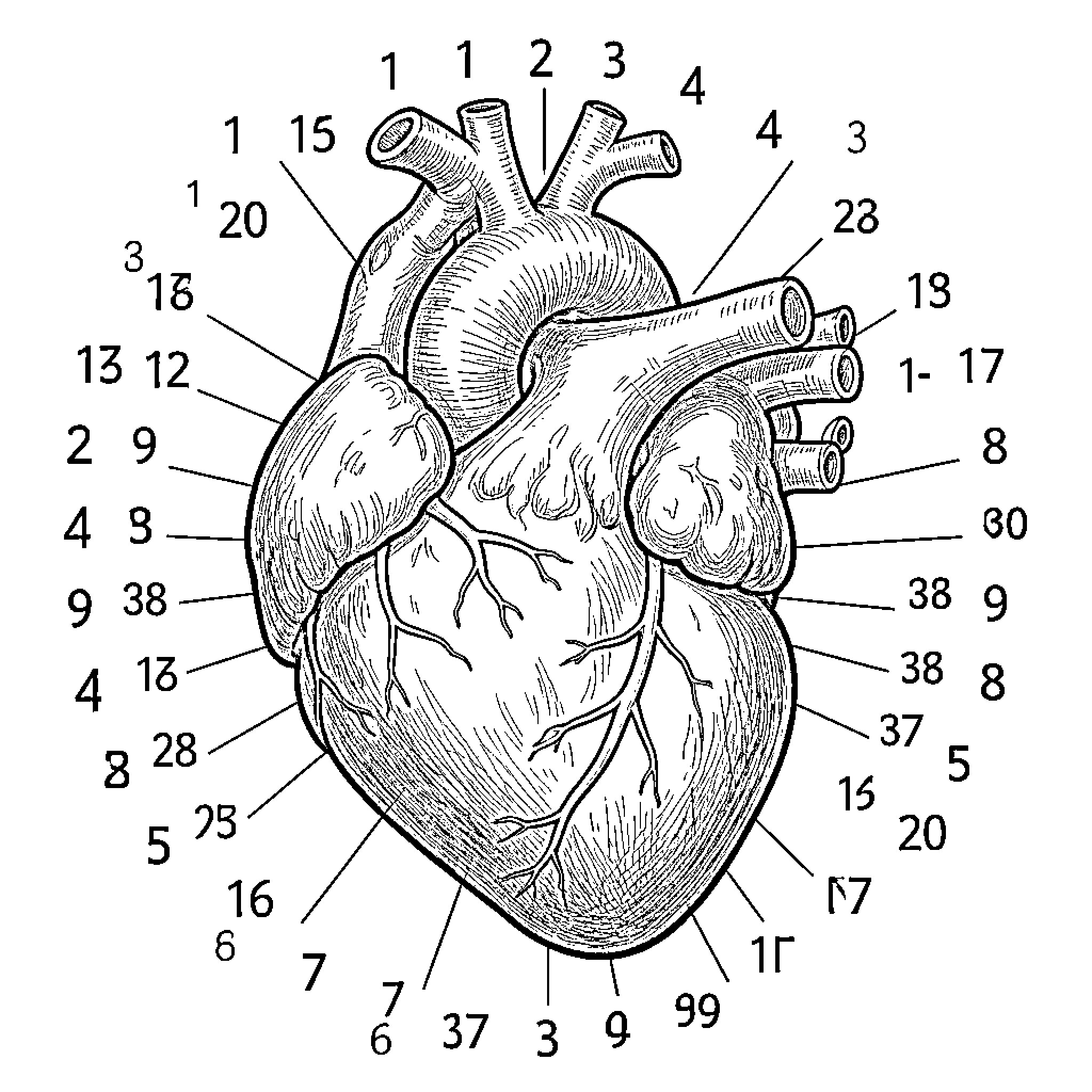 Heart Structure Illustration with Labeled Anatomical Parts Coloring Page (free black-and-white line drawing printable PDF for all, from beginners to advanced learners, including children, teens, adults, and seniors)