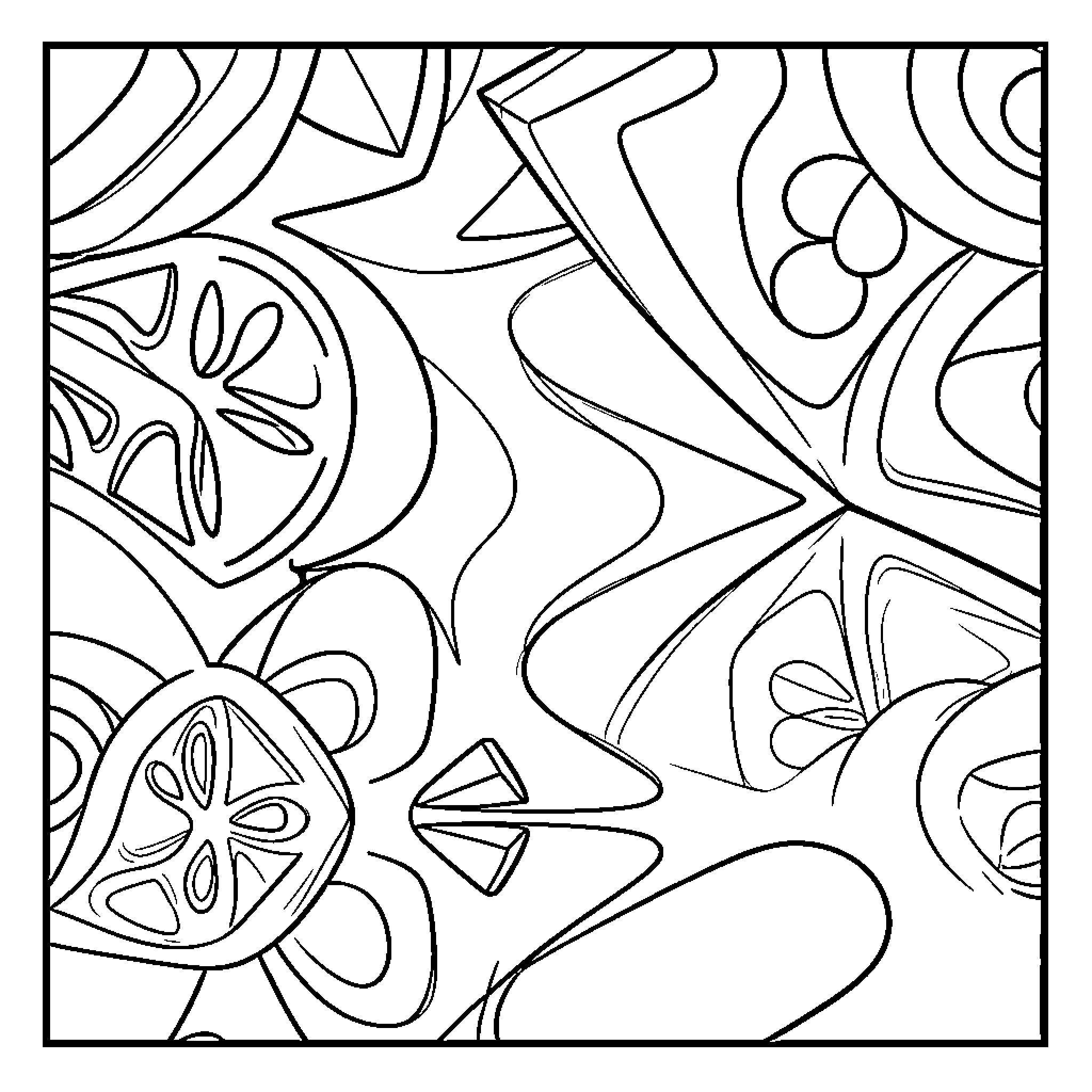 Abstract Design of flowing organic shapes and patterns Coloring Page (free black-and-white line drawing printable PDF for all, from beginners to advanced learners, including children, teens, adults, and seniors)