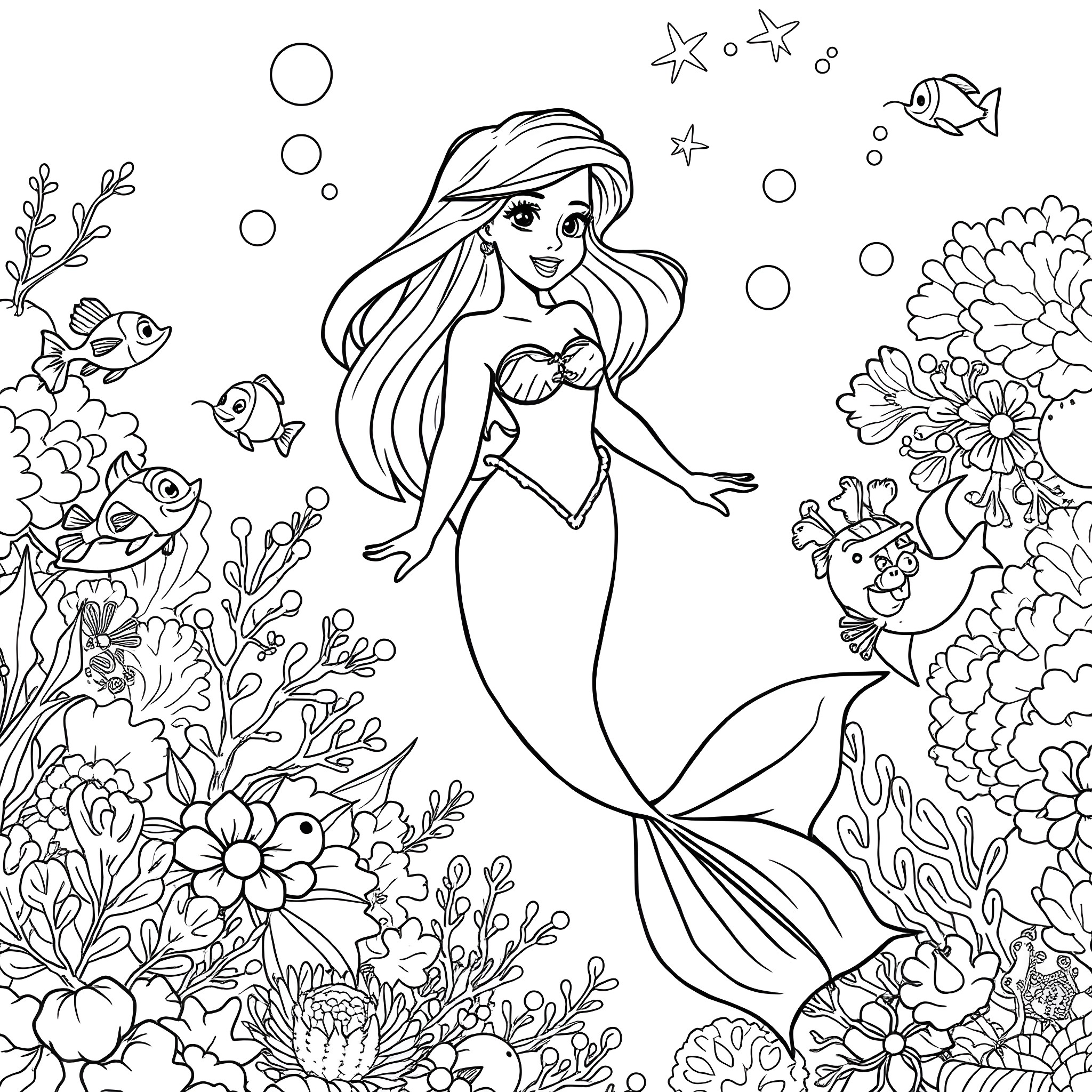 Ariel swimming among colorful marine life Coloring Page (free black-and-white line drawing printable PDF for all, from beginners to advanced learners, including children, teens, adults, and seniors)