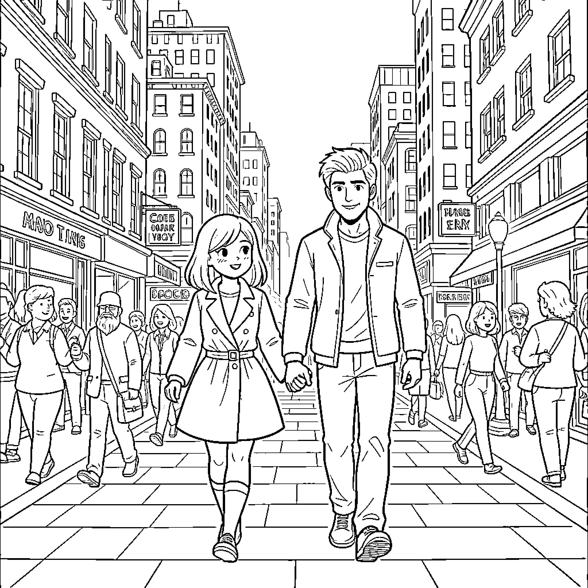 Marinette holding hands while walking through a busy city Coloring Page (free black-and-white line drawing printable PDF for all, from beginners to advanced learners, including children, teens, adults, and seniors)