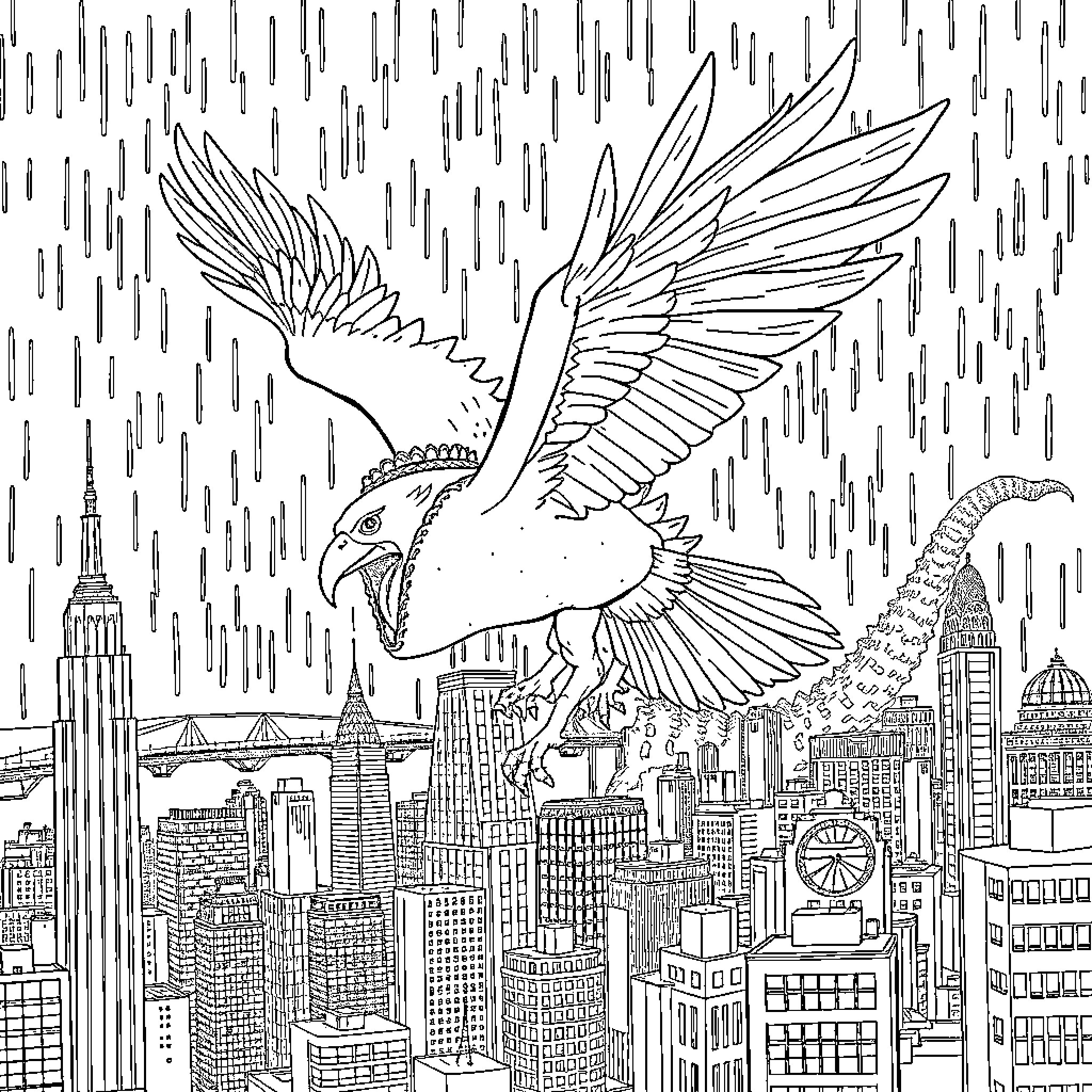 Taco-themed bird soaring over the cityscape Coloring Page (free black-and-white line drawing printable PDF for all, from beginners to advanced learners, including children, teens, adults, and seniors)
