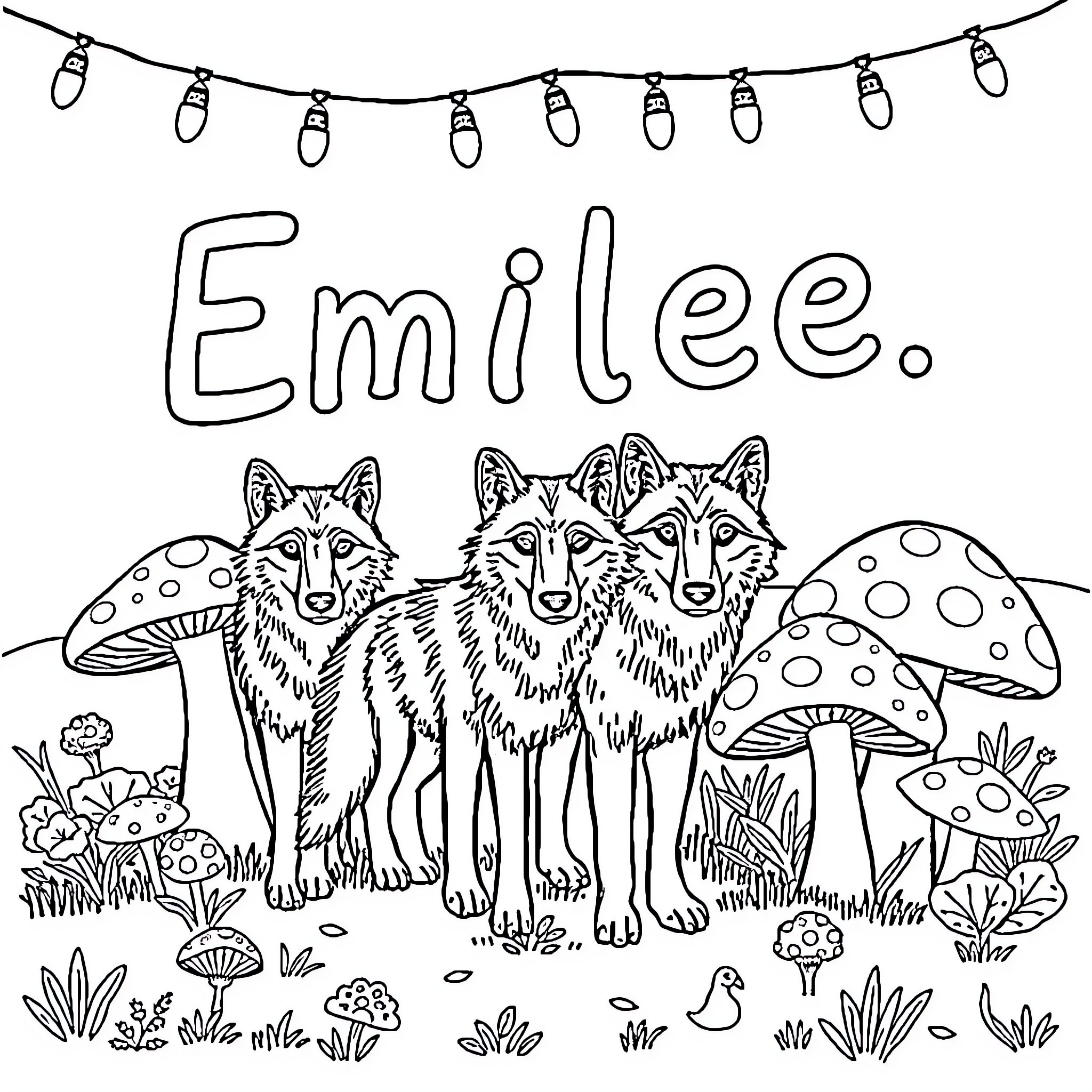 Wolf pack exploring nature's wonder Coloring Page (free black-and-white line drawing printable PDF for all, from beginners to advanced learners, including children, teens, adults, and seniors)