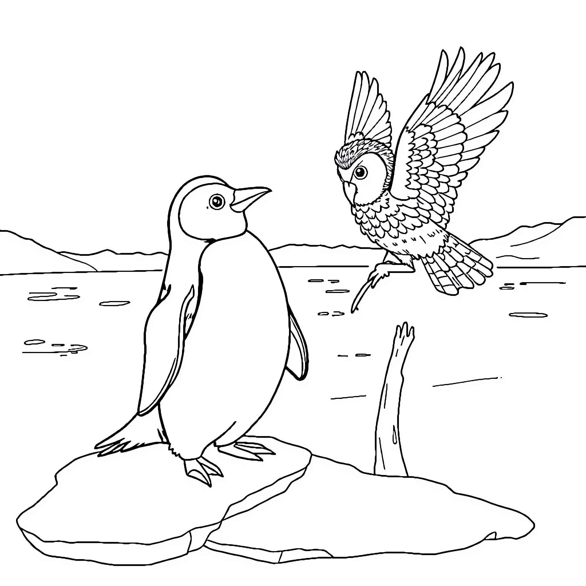 Penguins playing and taking flight in the wilderness Coloring Page (free black-and-white line drawing printable PDF for all, from beginners to advanced learners, including children, teens, adults, and seniors)