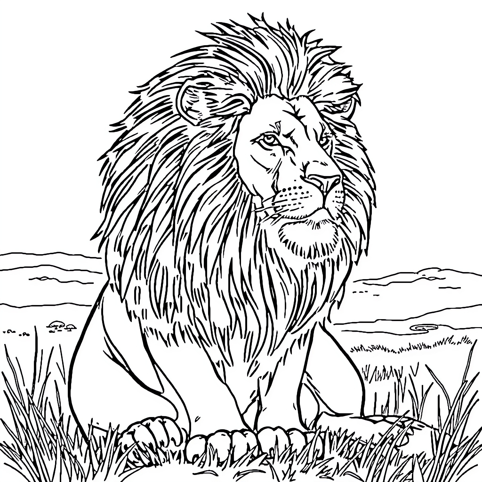 Lion Sitting Proudly in Natural Habitat Coloring Page (free black-and-white line drawing printable PDF for all, from beginners to advanced learners, including children, teens, adults, and seniors)