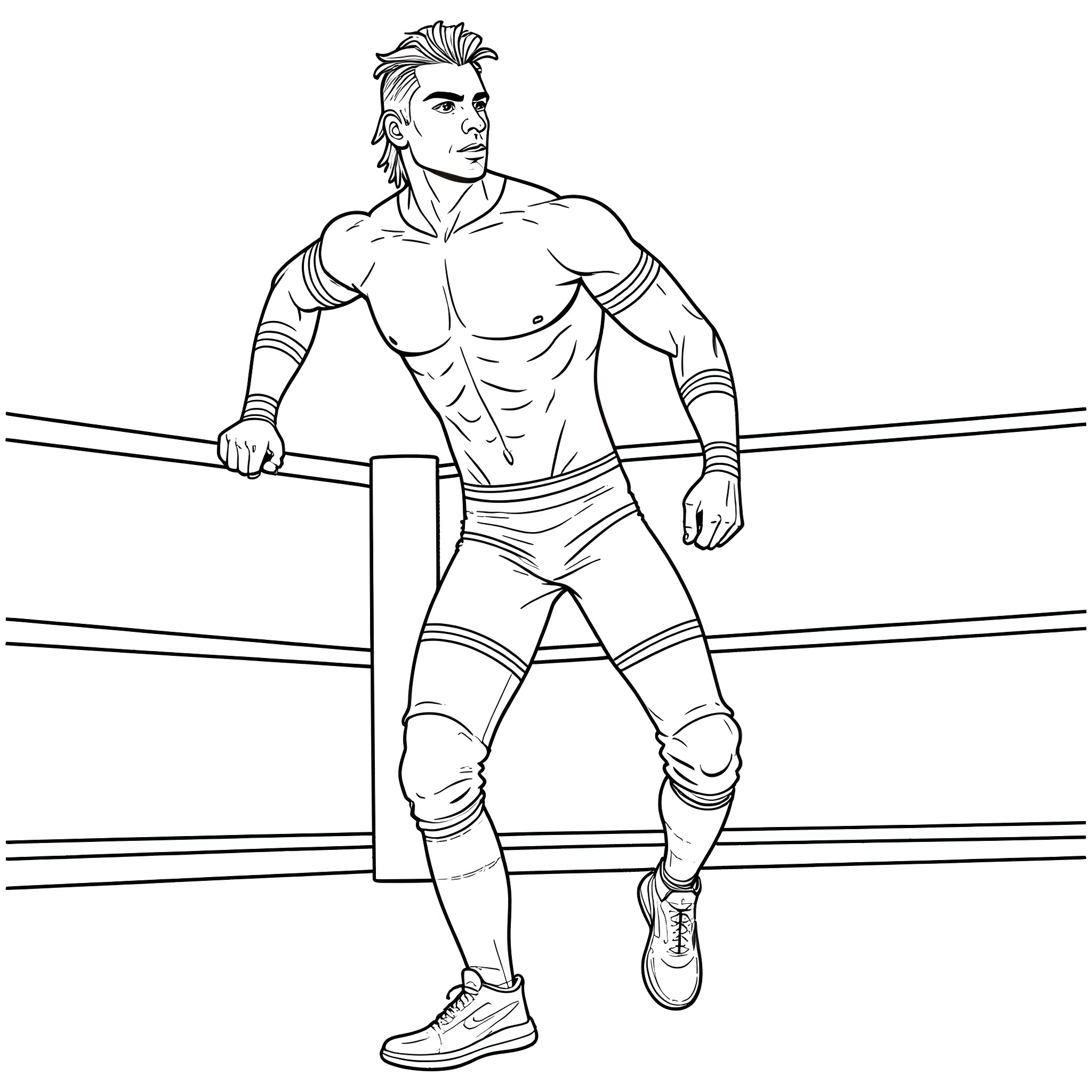 Alex Shelly - Muscular wrestler in the ring Coloring Page (free black-and-white line drawing printable PDF for all, from beginners to advanced learners, including children, teens, adults, and seniors)