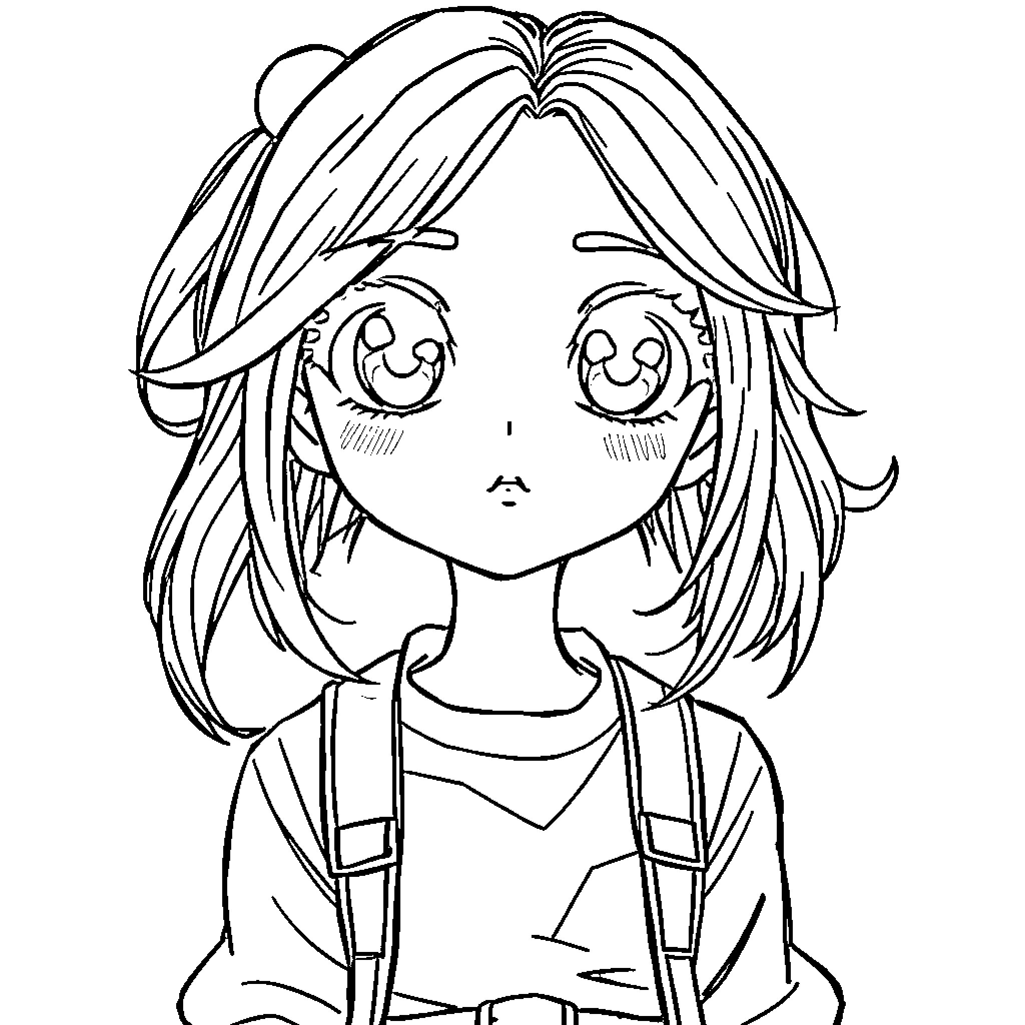 Anime Girl with Casual Outfit and Friendly Expression Coloring Page (free black-and-white line drawing printable PDF for all, from beginners to advanced learners, including children, teens, adults, and seniors)