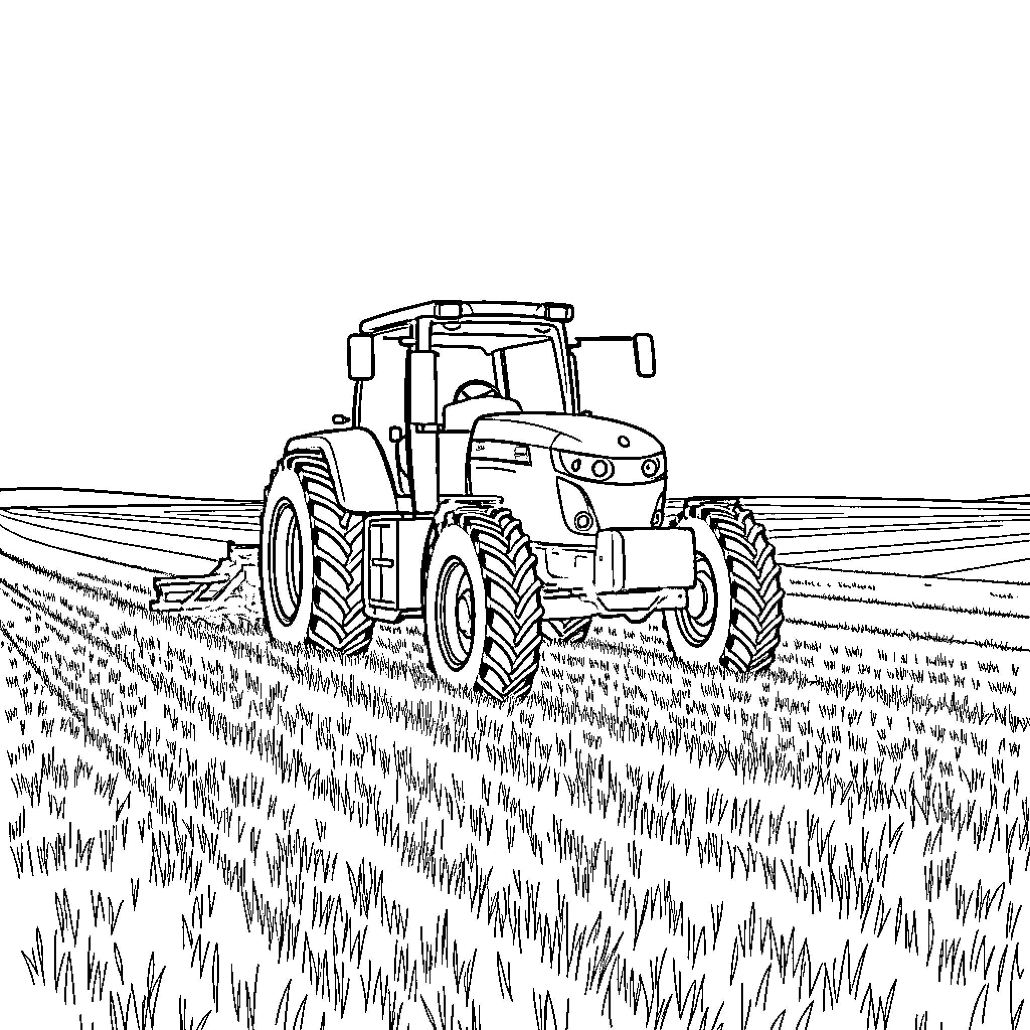 Tractor plowing through a field Coloring Page (free black-and-white line drawing printable PDF for all, from beginners to advanced learners, including children, teens, adults, and seniors)