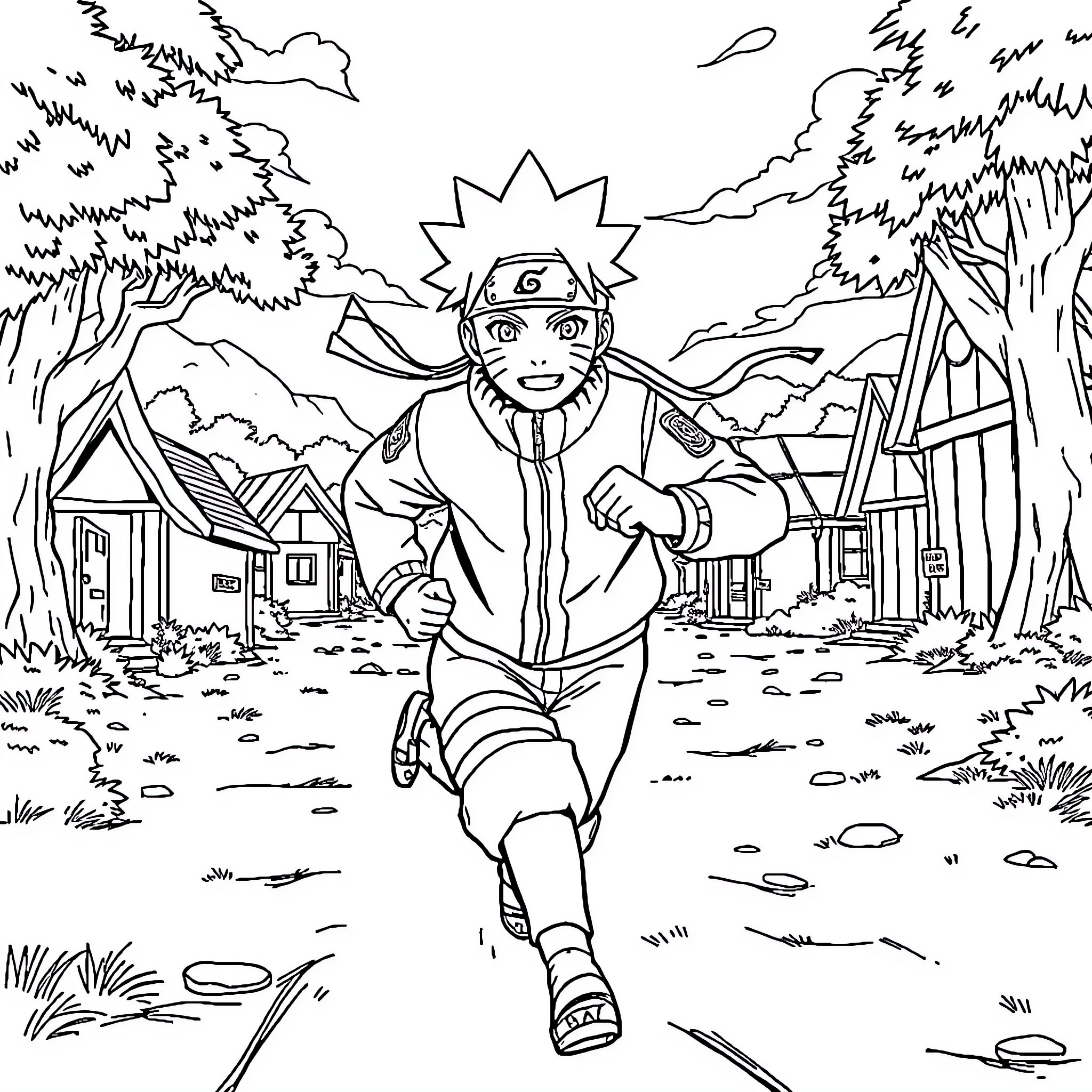 Naruto running through the village Coloring Page (free black-and-white line drawing printable PDF for all, from beginners to advanced learners, including children, teens, adults, and seniors)