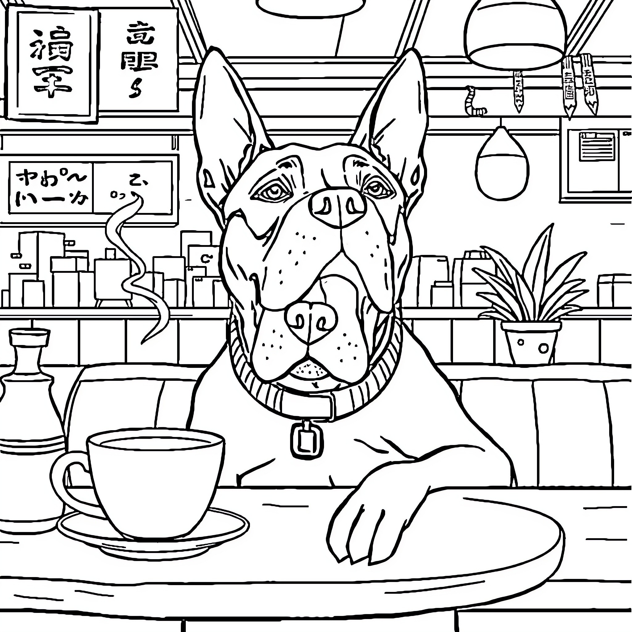 Pitbull relaxing in a cozy cafe Coloring Page (free black-and-white line drawing printable PDF for all, from beginners to advanced learners, including children, teens, adults, and seniors)
