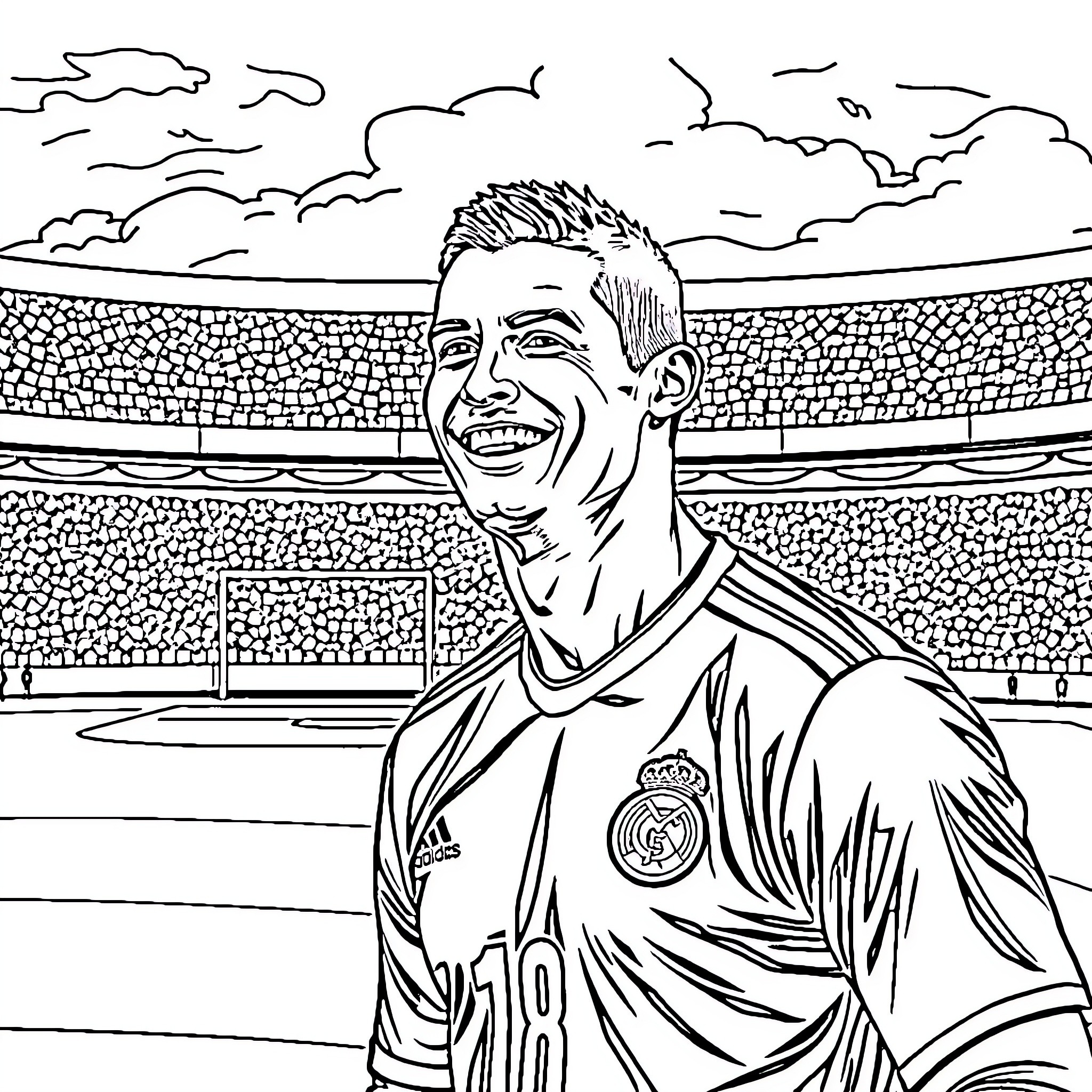 Cristiano Ronaldo celebrating on the field Coloring Page (free black-and-white line drawing printable PDF for all, from beginners to advanced learners, including children, teens, adults, and seniors)