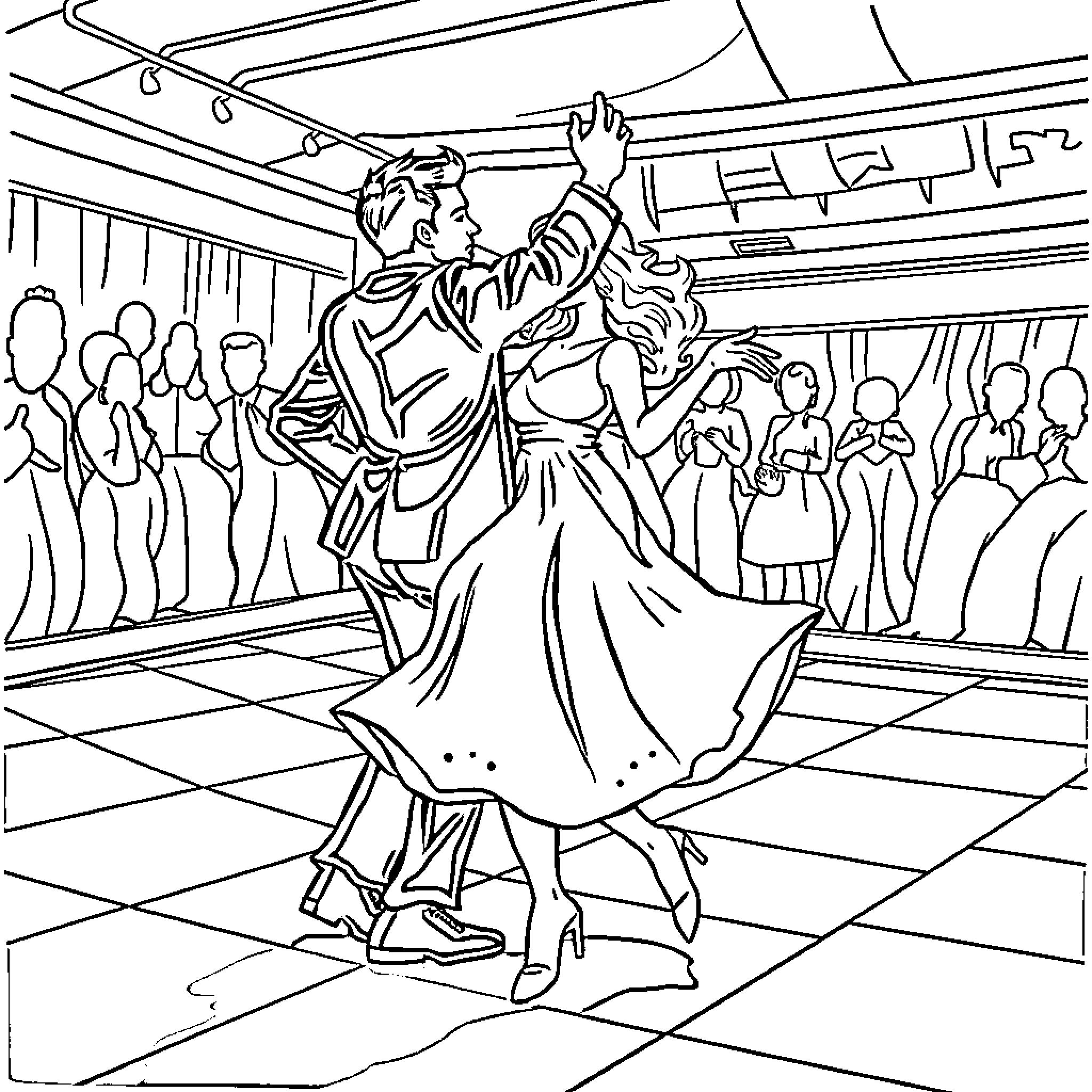 Butter Dancing Couple Celebrate in Ballroom Coloring Page (free black-and-white line drawing printable PDF for all, from beginners to advanced learners, including children, teens, adults, and seniors)