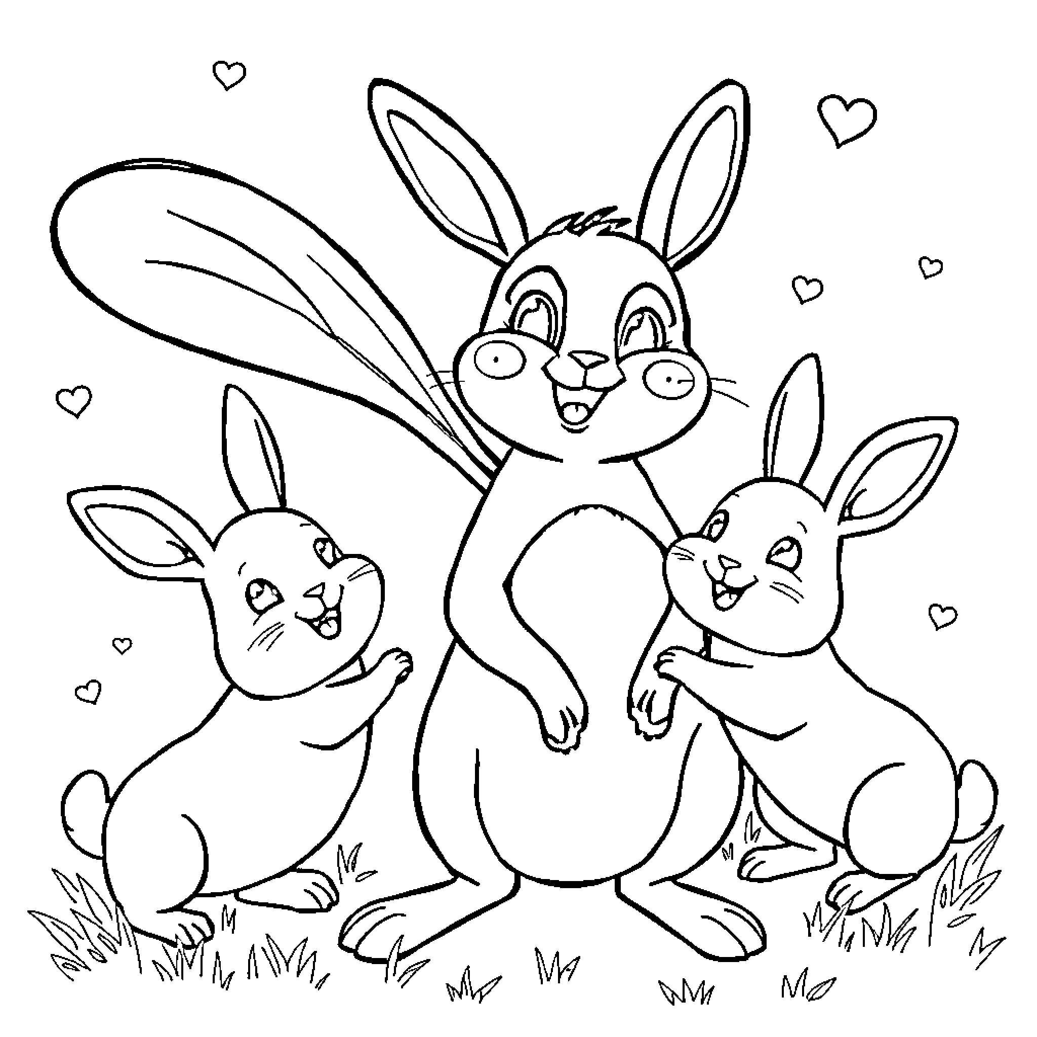 Pat Patrol: Cheerful Bunnies Frolicking Together Coloring Page (free black-and-white line drawing printable PDF for all, from beginners to advanced learners, including children, teens, adults, and seniors)