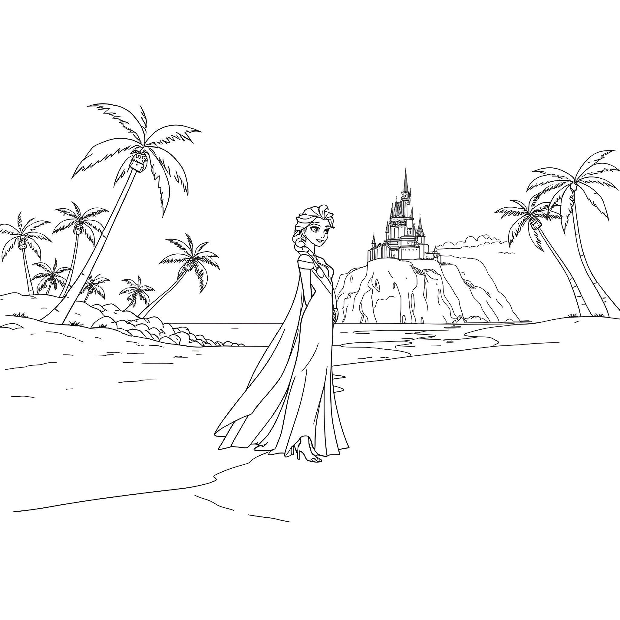 Elsa in a tropical paradise Coloring Page (free black-and-white line drawing printable PDF for all, from beginners to advanced learners, including children, teens, adults, and seniors)
